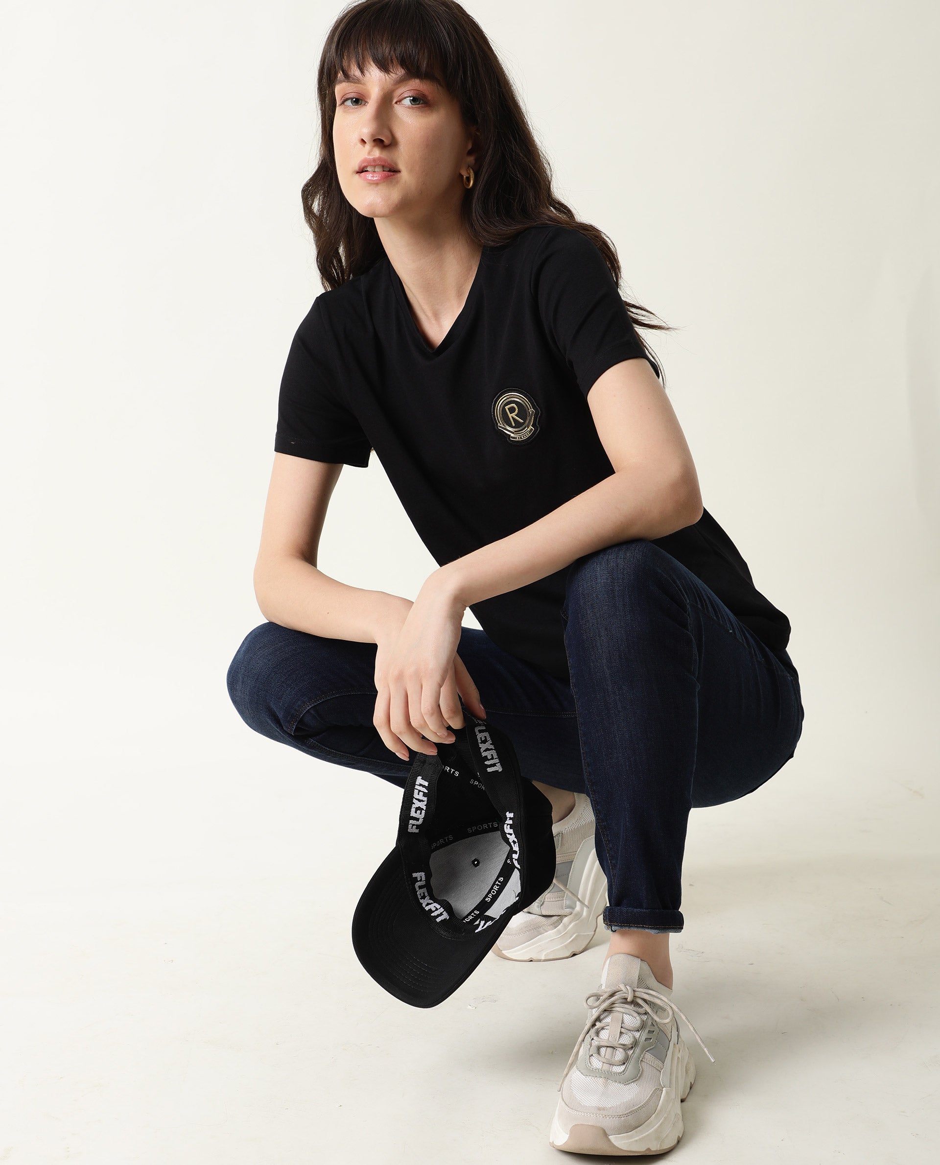 Rareism Women Fuji Black Cotton Fabric Regular Fit Half Sleeves Graphic Print Crew Neck T-Shirt