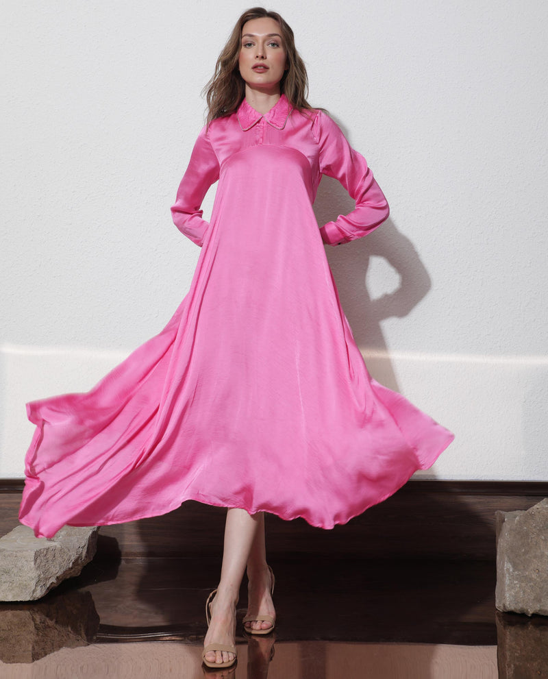 Rareism Women Galaxyy Fluorescent Pink Modal Fabric Full Sleeves Zip Closure Shirt Collar Regular Fit Plain Maxi Asymmetric Dress