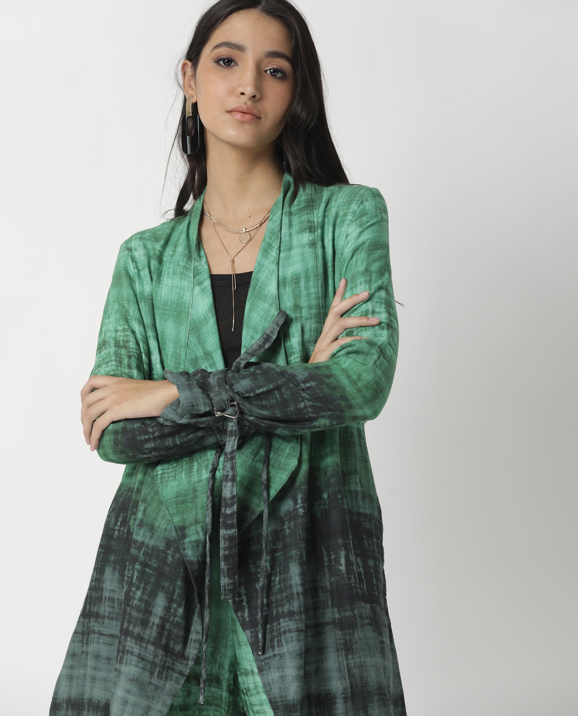 Rareism Women Boss Green Cotton Fabric Regular Fit Knee Length Abstract Print Collarless Outer Wear