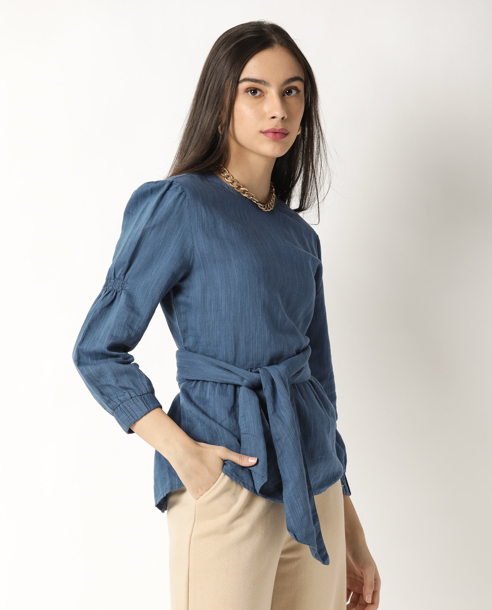 Rareism Womens Mocky Petrol Top Full Sleeve Elasticated Cuff Crew Neck