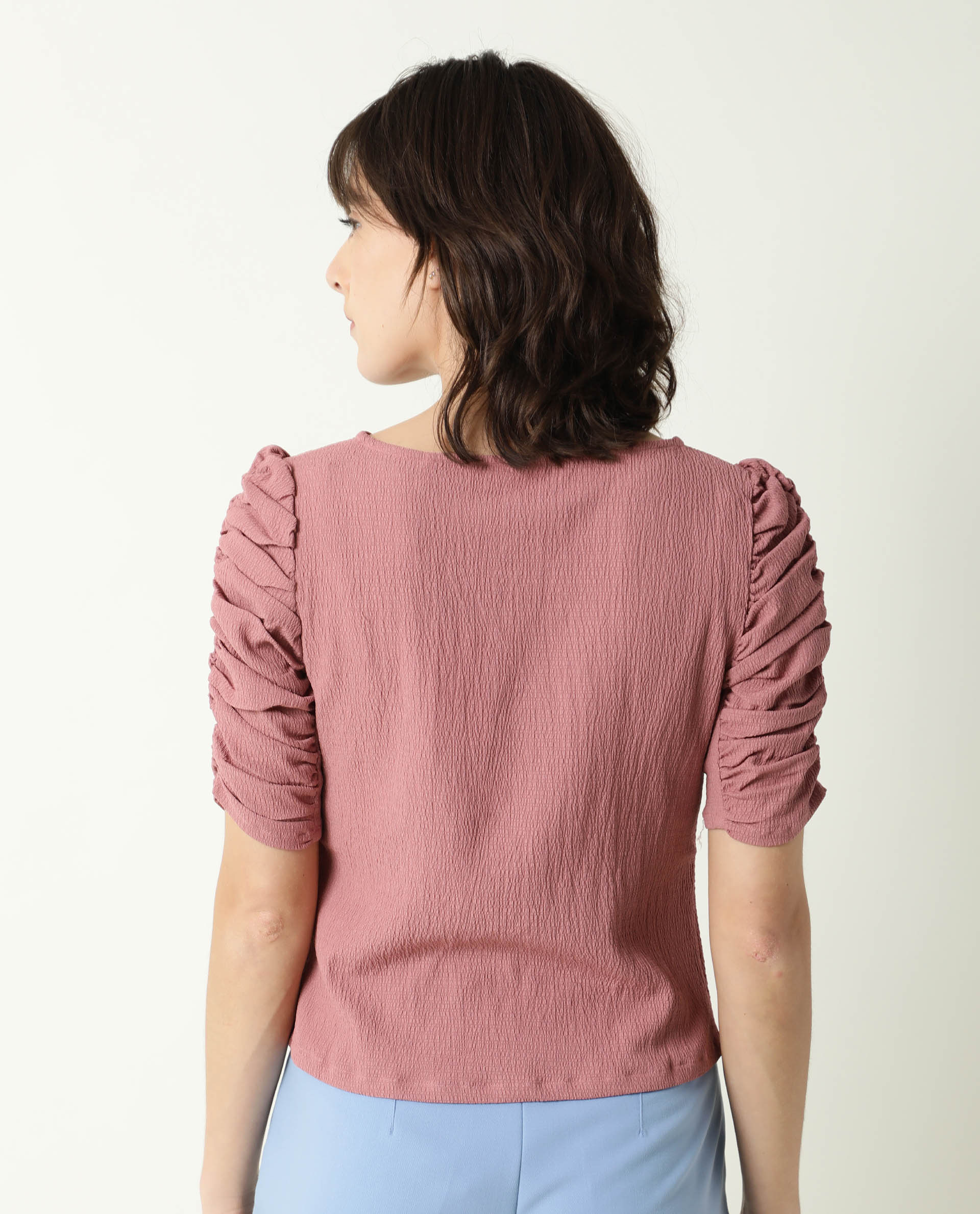 Rareism Women's Frozen Brown Cotton Boat Neck Plain Ruffled Sleeve Regular Fit Top