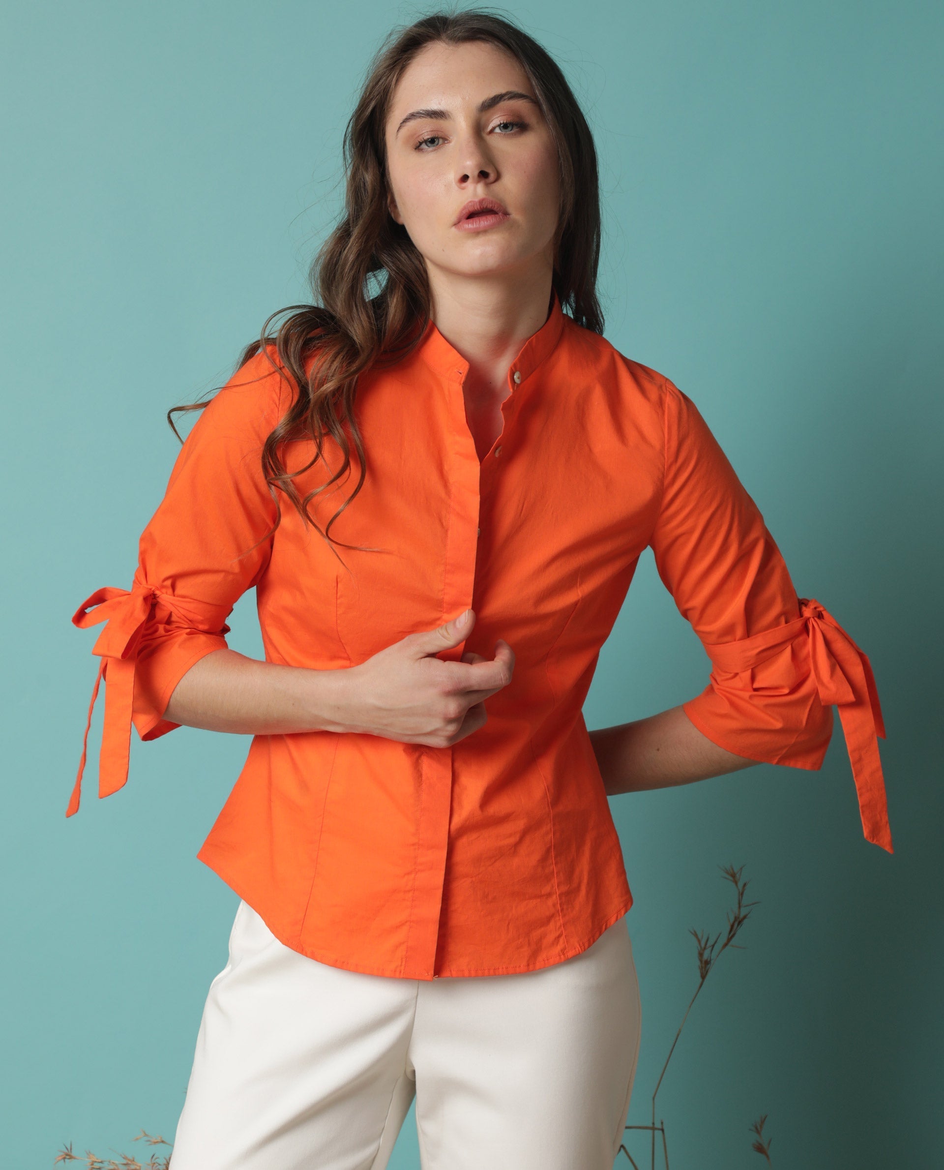 Rareism Women's Tips Orange Cotton Mandarin Collar Plain Regular Fit Top