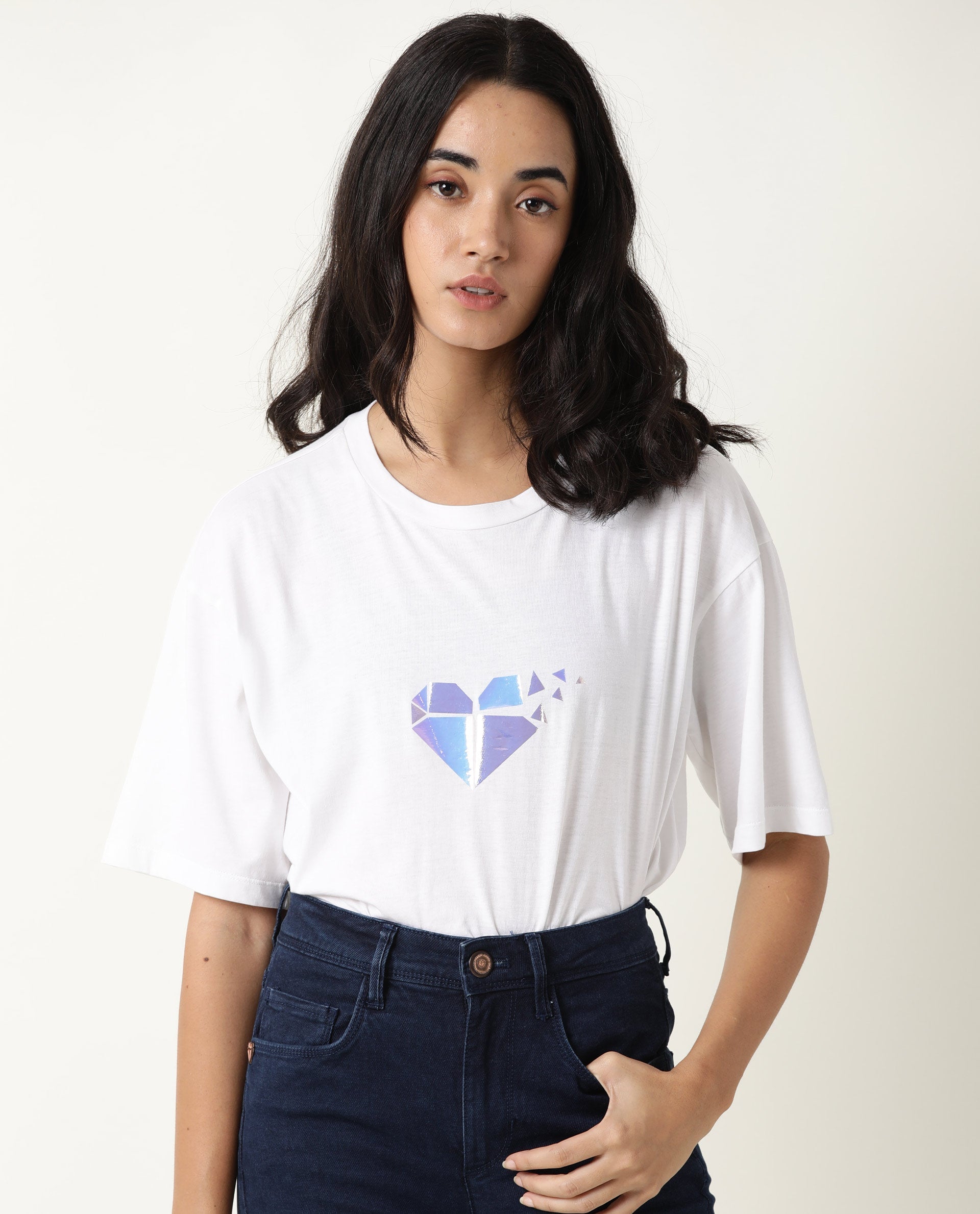 Rareism Womens Nat White T-Shirt Cotton Fabric Regular Fit Half Sleeve Round Neck