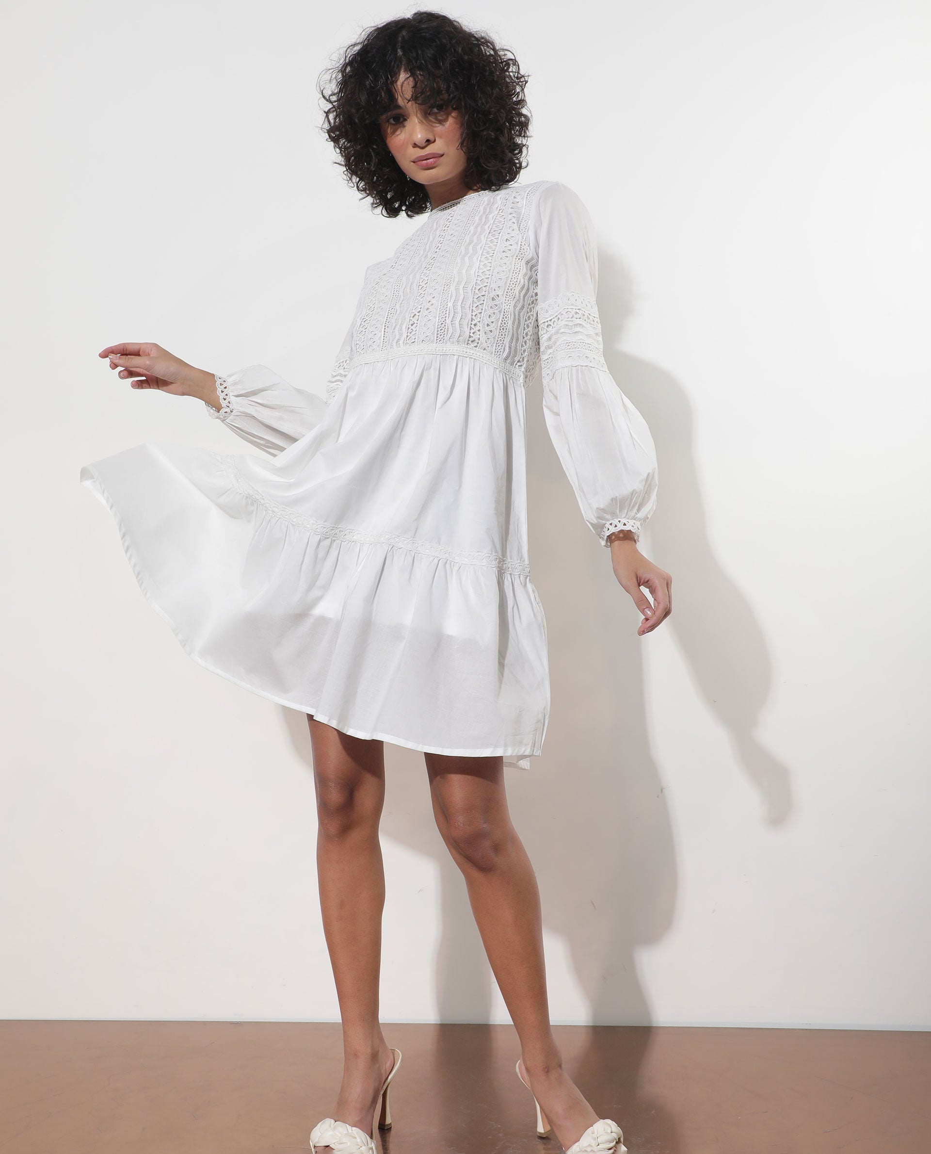 Rareism Women's Darmini White Cotton Crew Neck Plain Puff Sleeves Knee Length Relaxed Fit Dress
