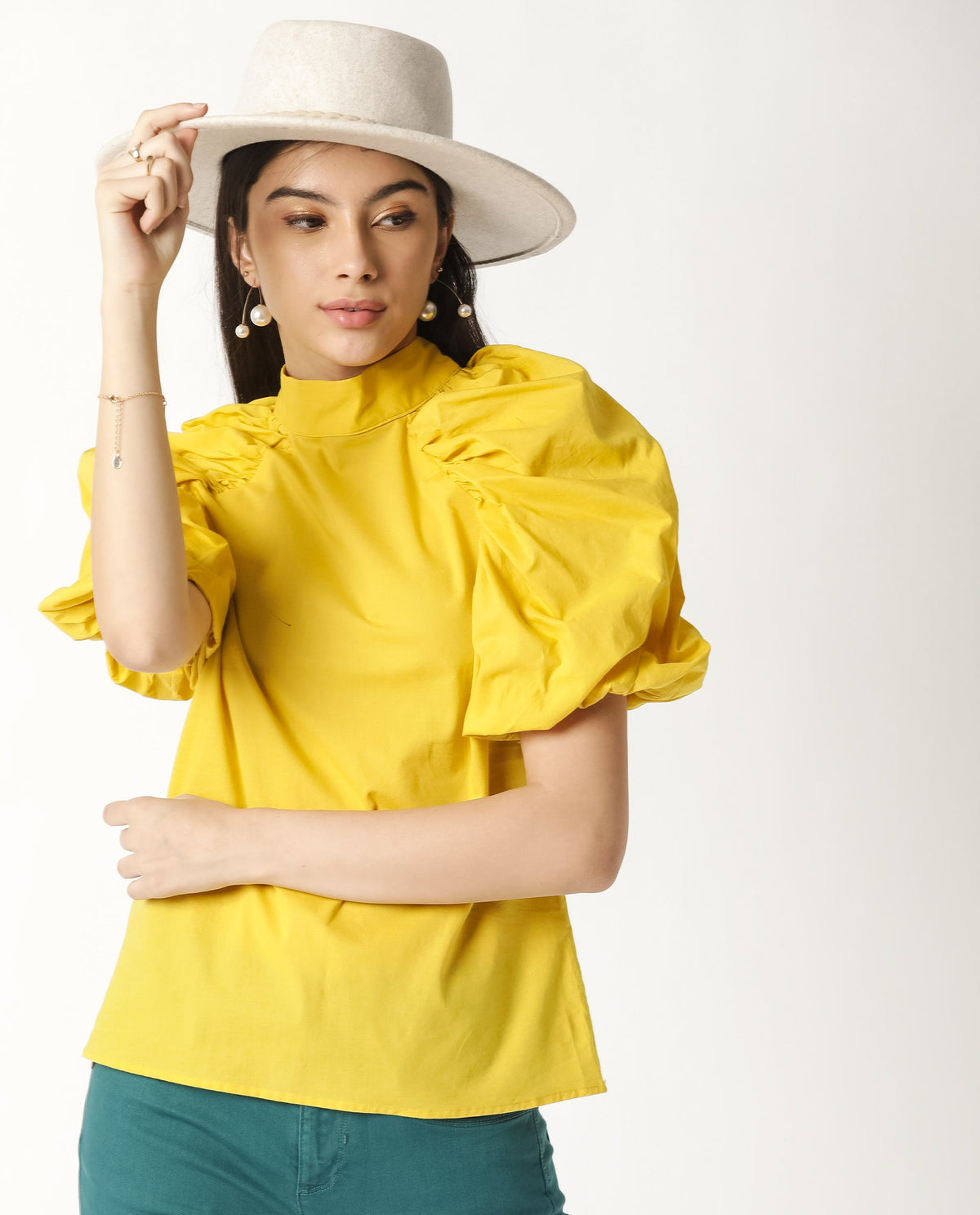 Rareism Womens Bobby Yellow Top Cotton Fabric Half Sleeve High Neck