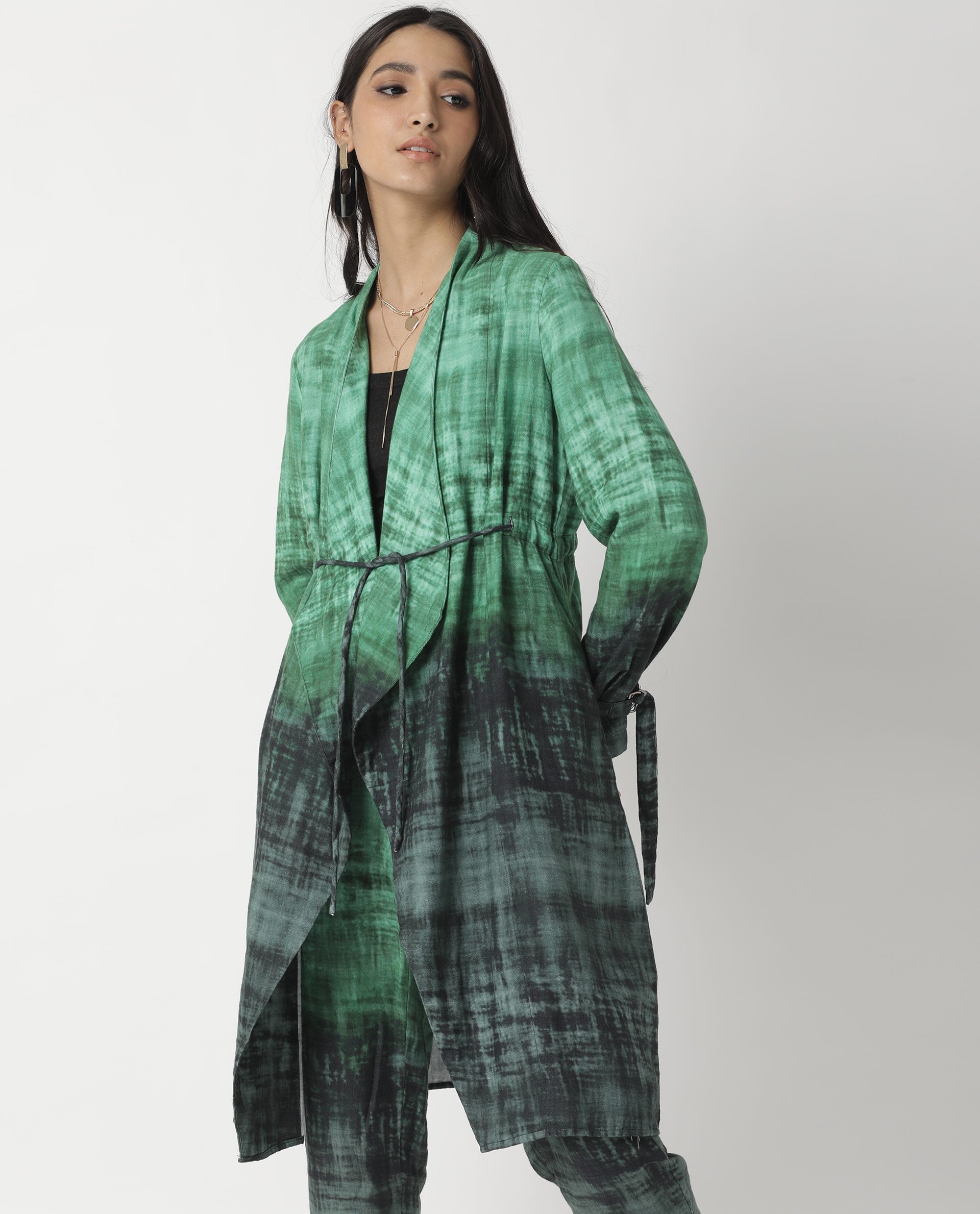 Rareism Women Boss Green Cotton Fabric Regular Fit Knee Length Abstract Print Collarless Outer Wear