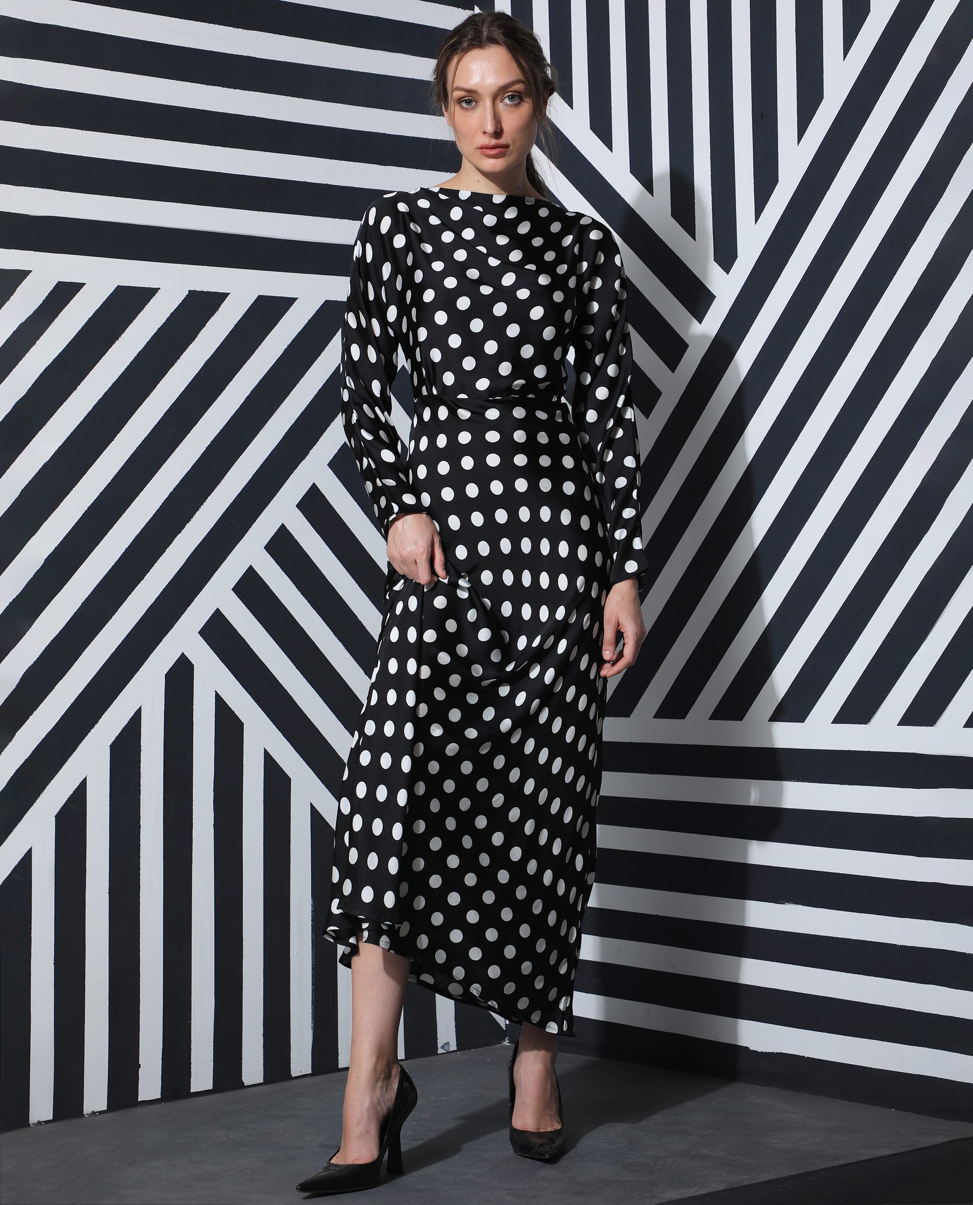 Rareism Women Alsus Black Polka Print Boat Neck Full Sleeves Maxi Dress