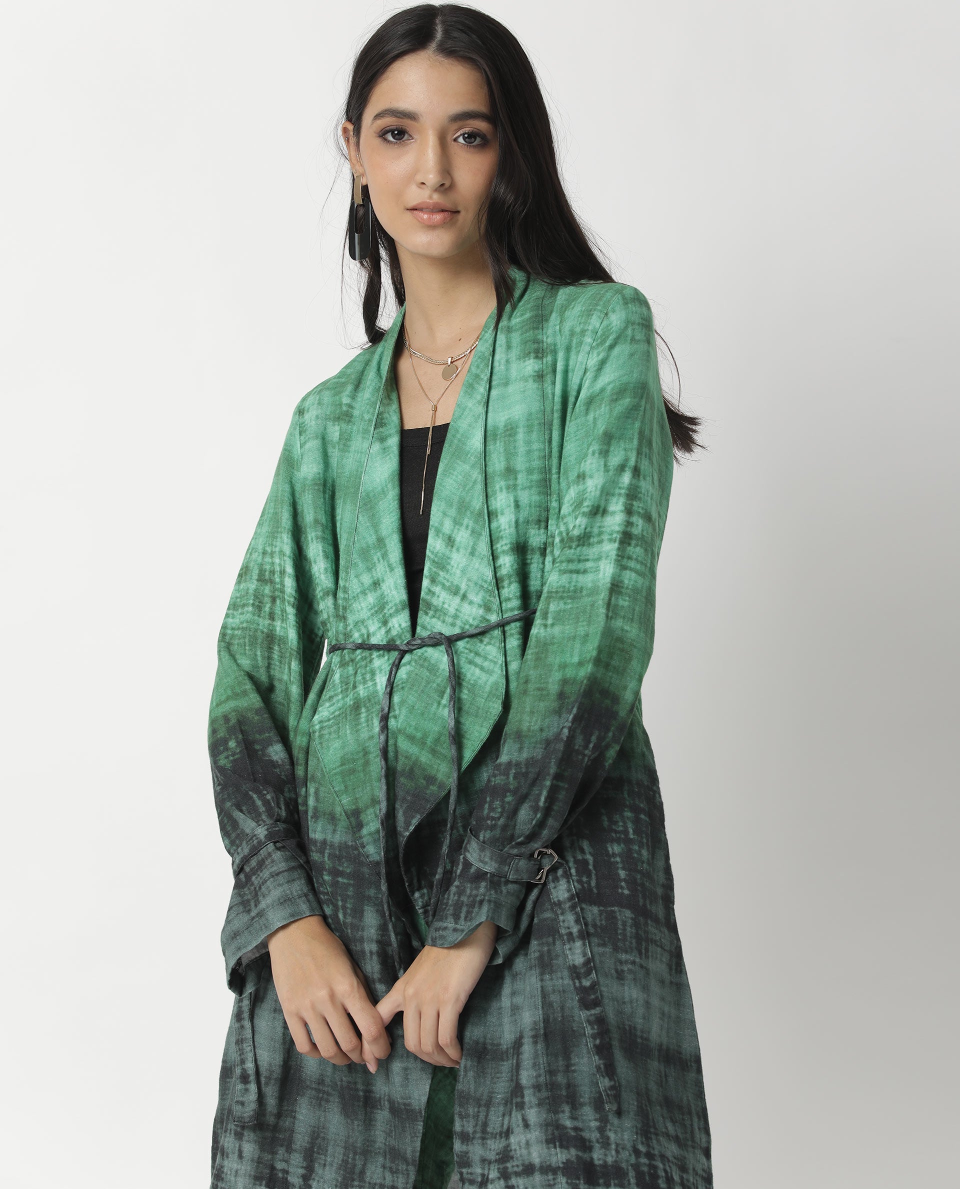 Rareism Women Boss Green Cotton Fabric Regular Fit Knee Length Abstract Print Collarless Outer Wear