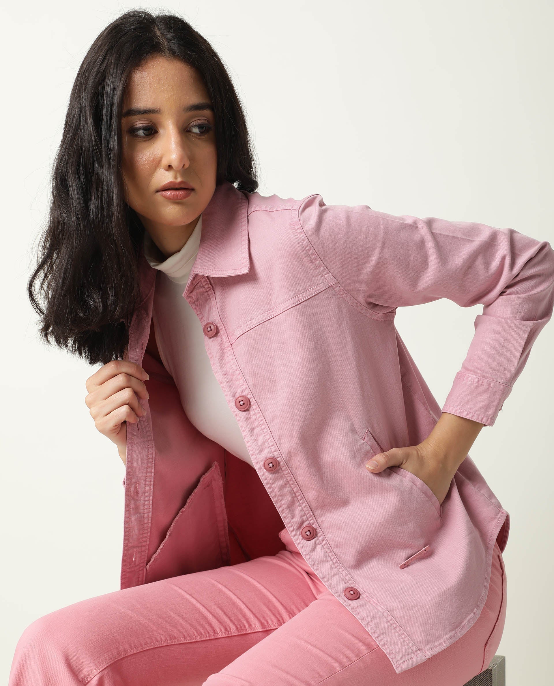 Rareism Women Mission Pink Cotton Lycra Fabric Full Sleeves Solid Shirt Collar Jacket