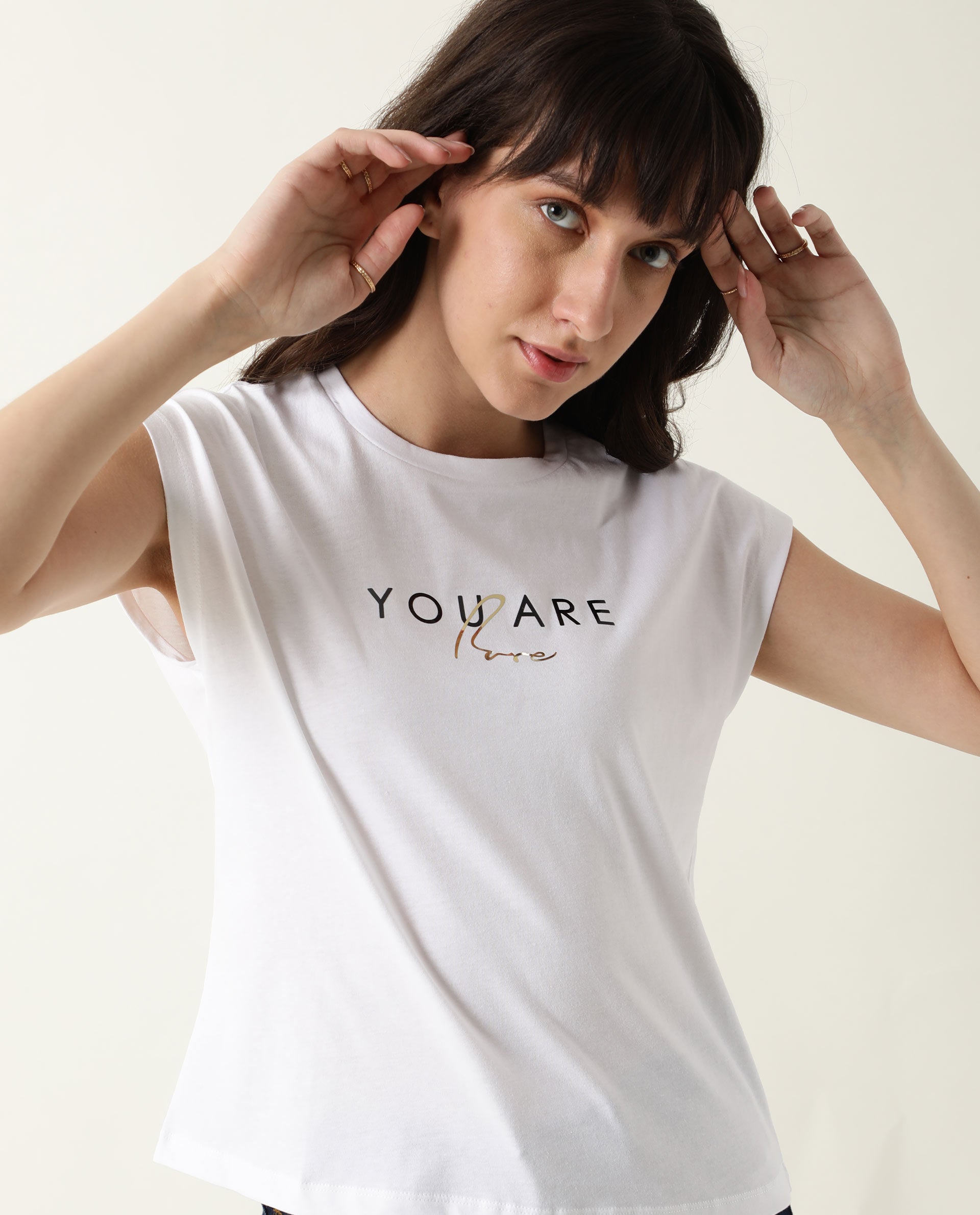 Rareism Womens Caprico White T-Shirt Cotton Fabric Regular Fit Half Sleeve Round Neck