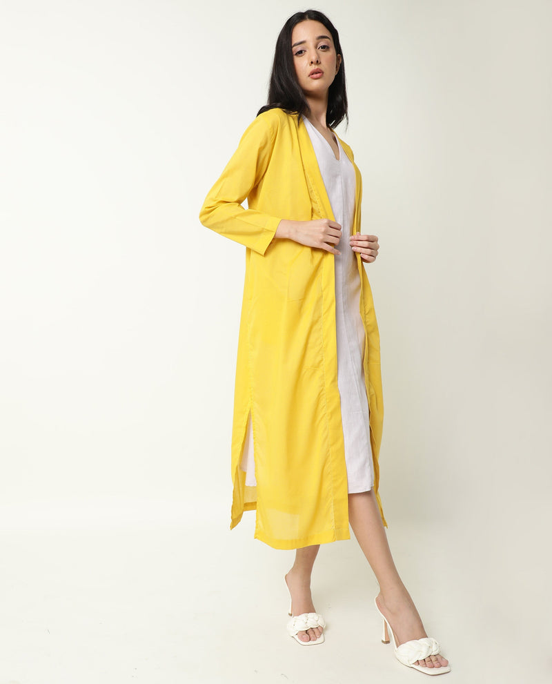 Rareism Women Java Yellow Cotton Fabric 3/4Th Sleeves Solid Collarless Knee Length Shrug