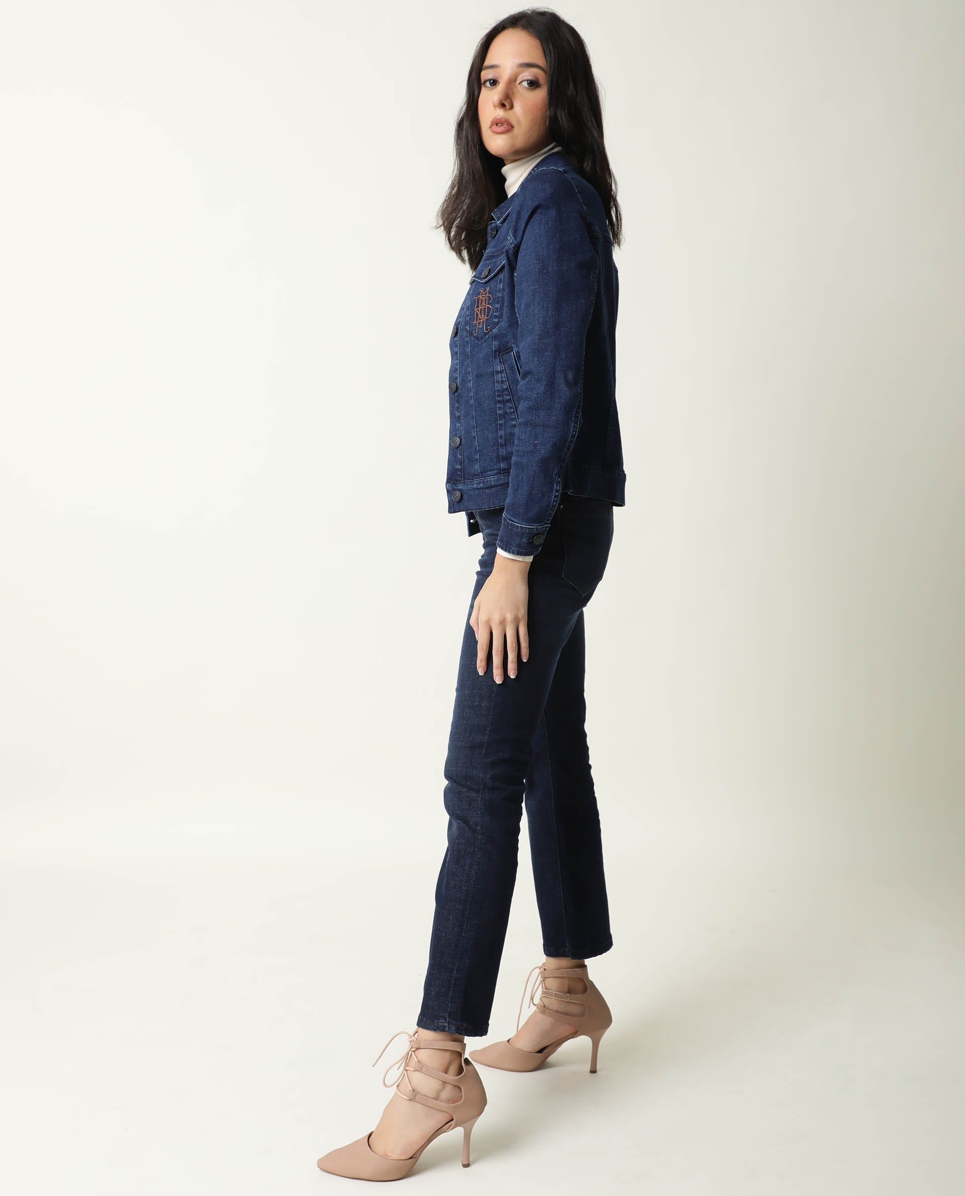 Rareism Women Misso Dark Blue Cotton Lycra Fabric Full Sleeves Solid Shirt Collar Jacket