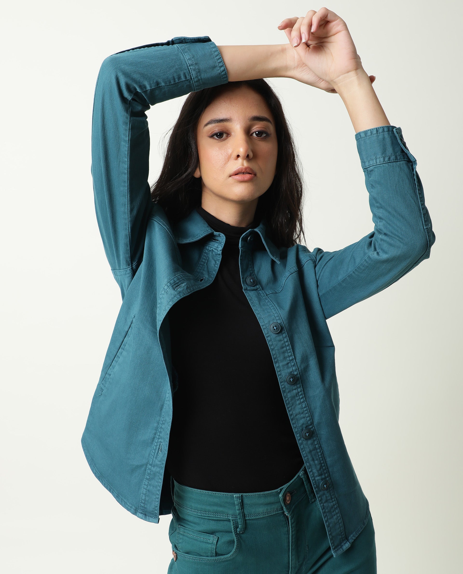 Rareism Women Mission Petrol Cotton Lycra Fabric Full Sleeves Solid Shirt Collar Jacket