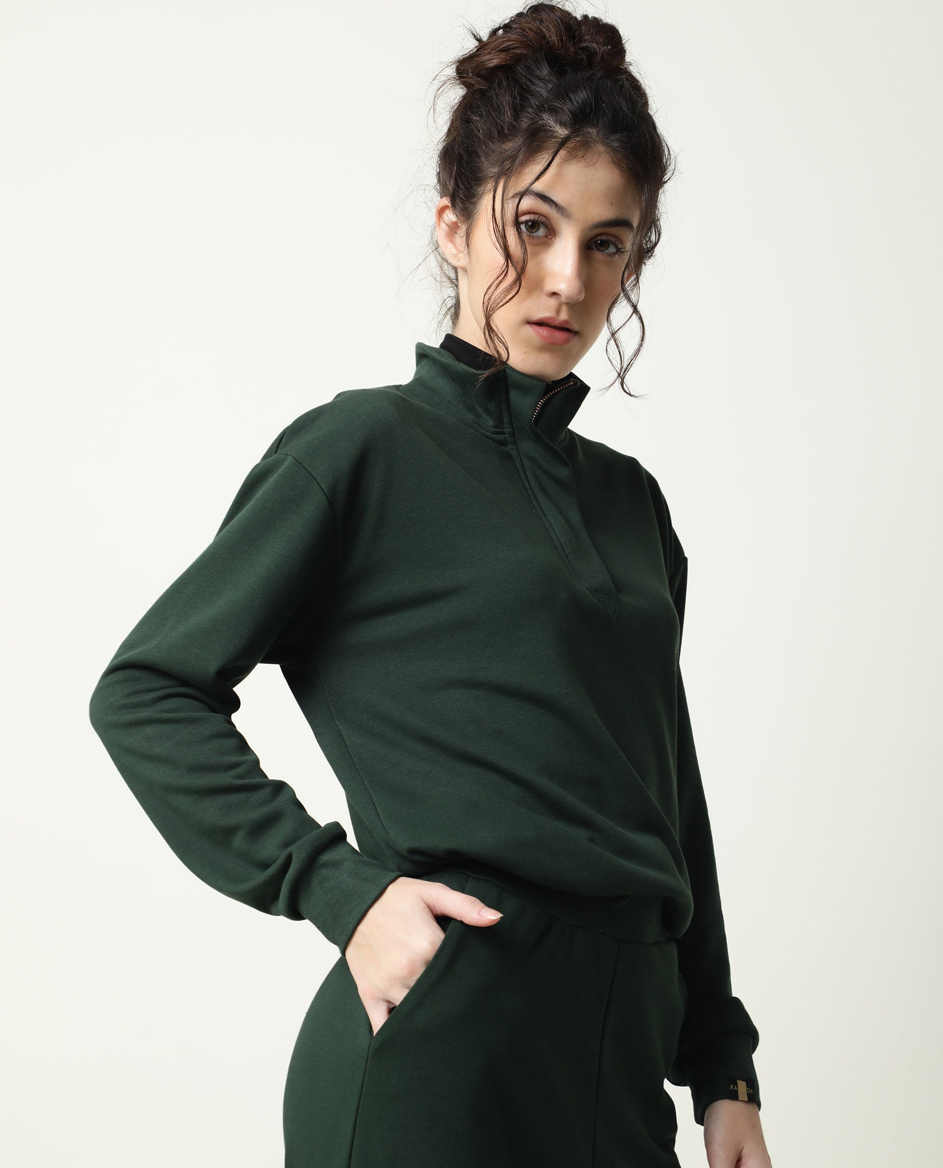 Rareism Women Taffy-1 Green  Relaxed Fit Full Sleeves Solid High Neck Sweatshirt