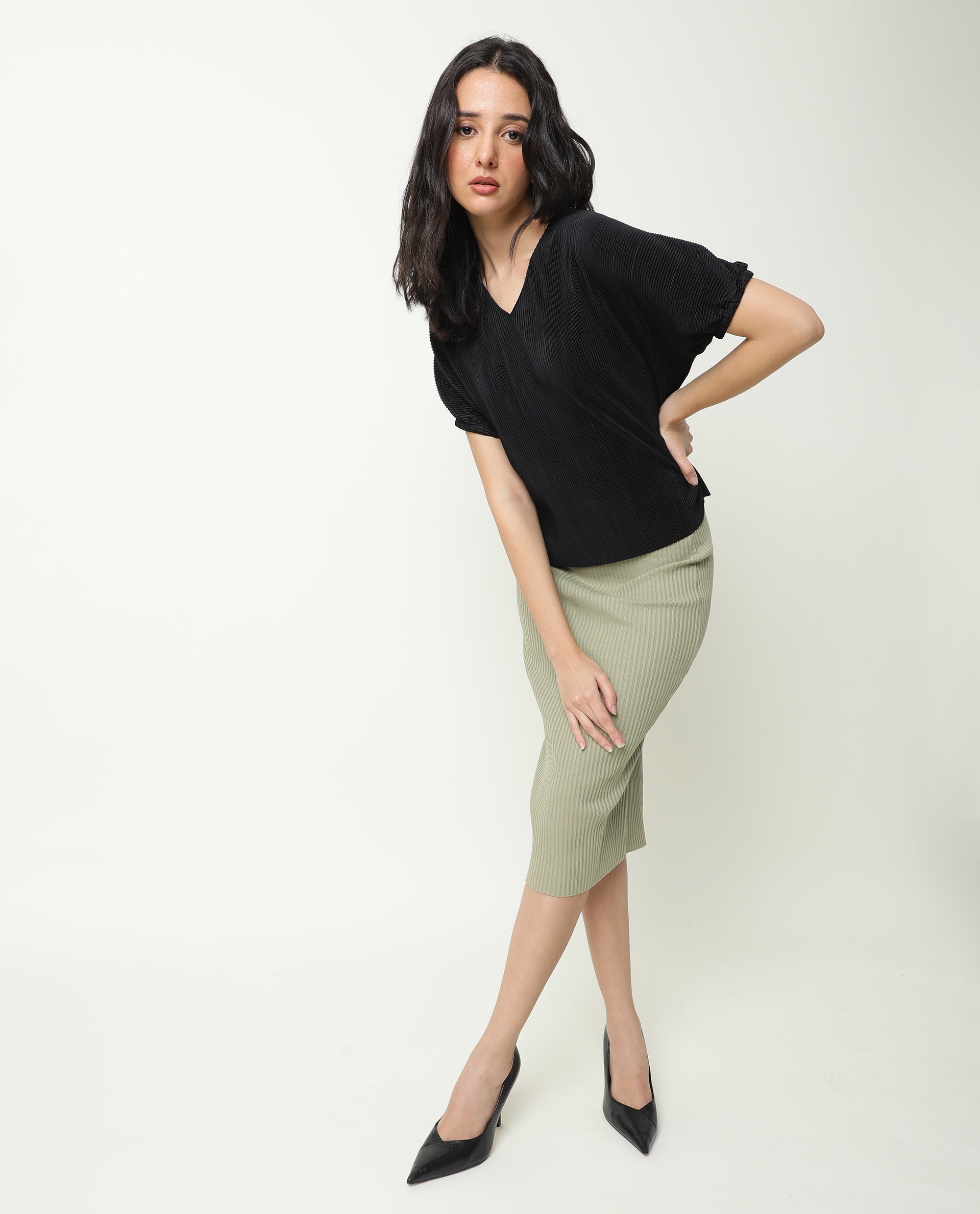 Rareism Womens Soho Black Top Polyester Fabric Regular Fit Extended Sleeves Round Neck