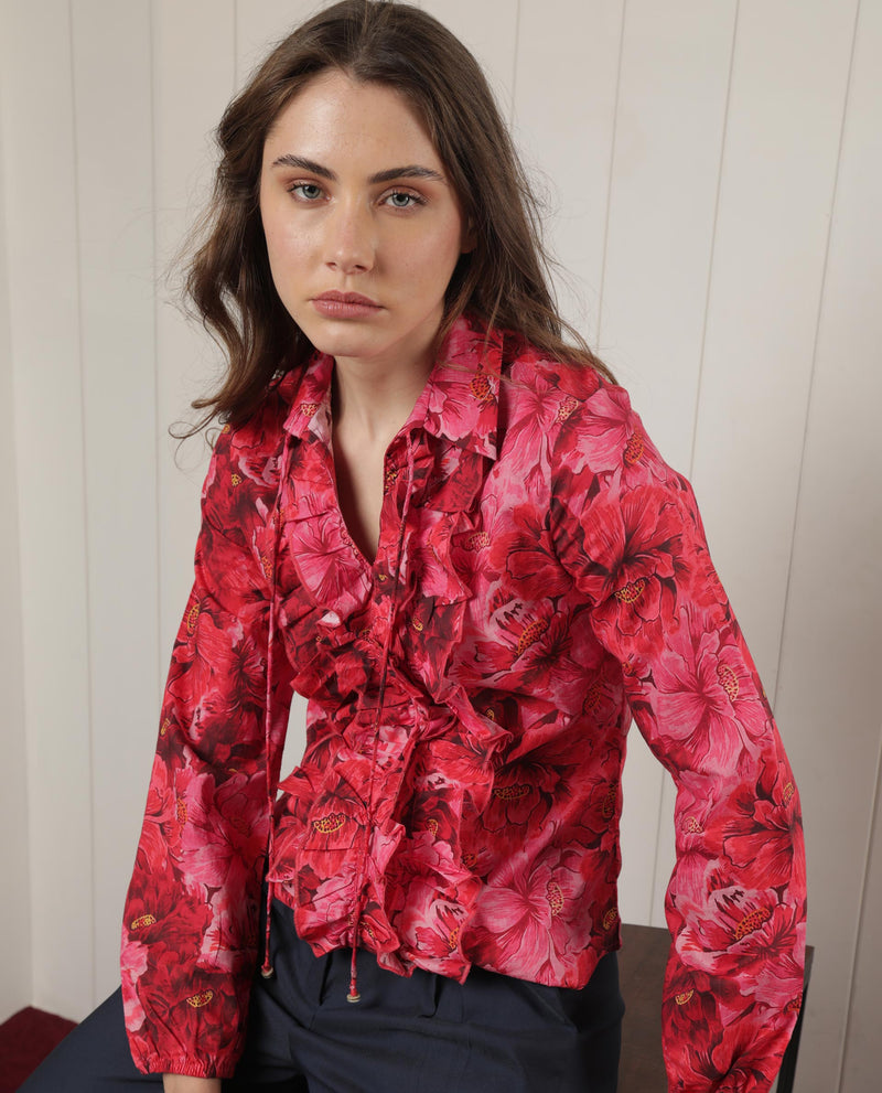 Rareism Women Orney Maroon Cotton Fabric Full Sleeves Button Closure Shirt Collar Volume Sleeve Regular Fit Floral Print Top