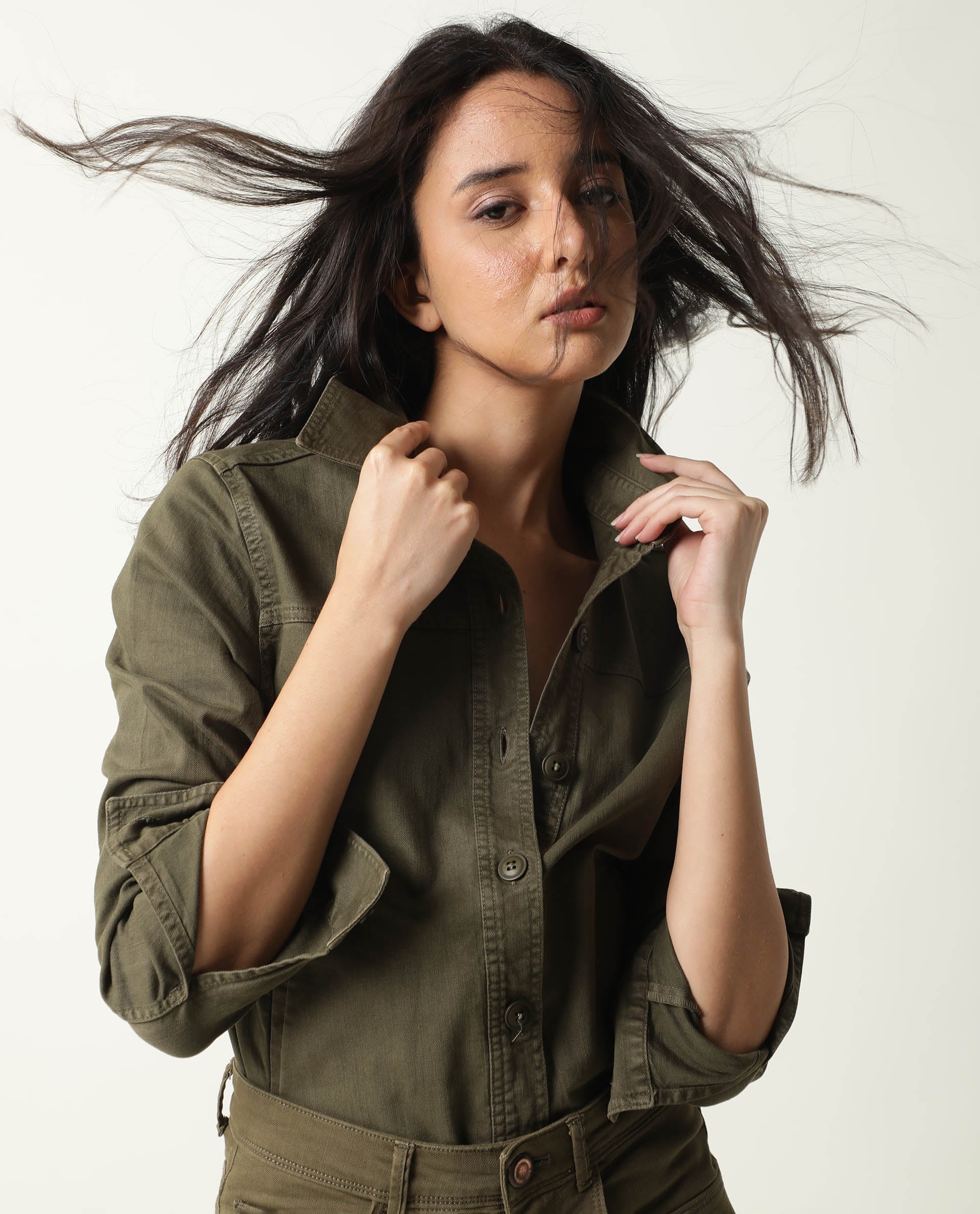 Rareism Women Mission Green Cotton Lycra Fabric Full Sleeves Solid Shirt Collar Jacket