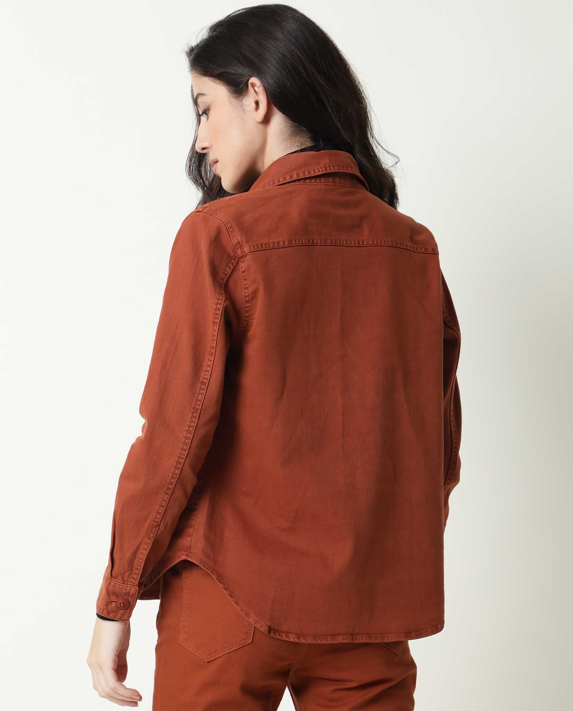 Rareism Women Mission Rust Cotton Lycra Fabric Full Sleeves Solid Shirt Collar Jacket