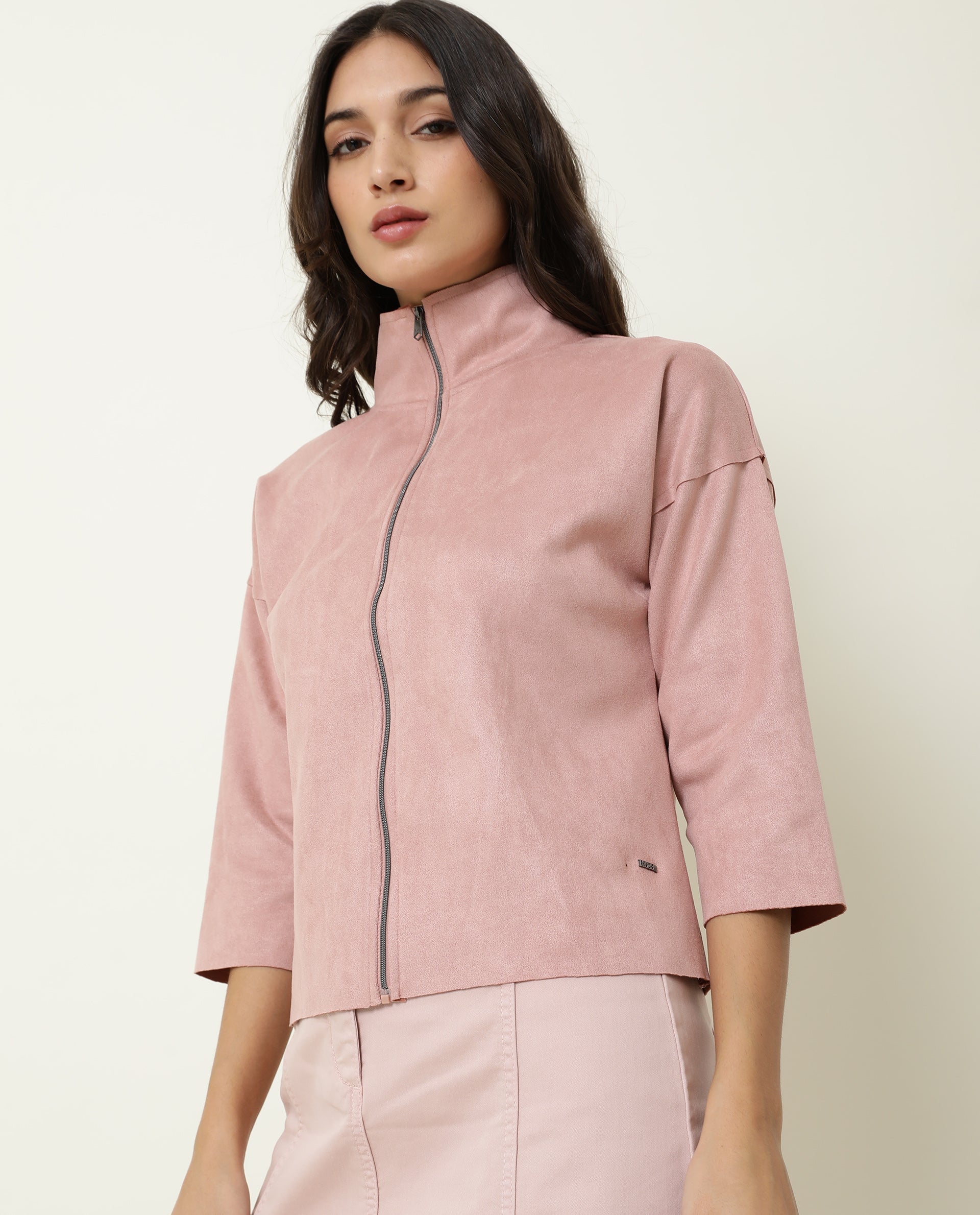 Rareism Women Vasu Dark Pink Polyester Fabric 3/4Th Sleeves Solid High Neck Jacket