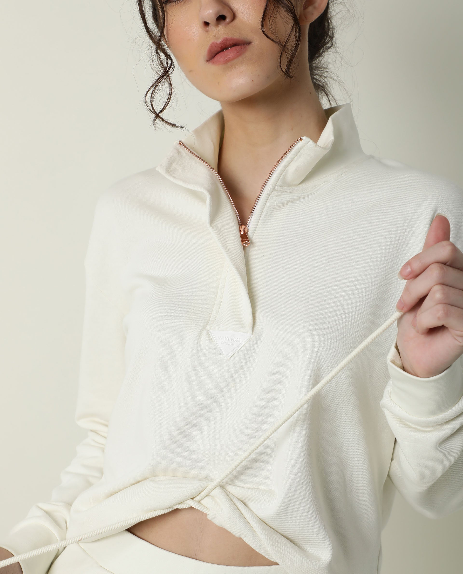 Rareism Women Taffy-1 Off White  Relaxed Fit Full Sleeves Solid High Neck Sweatshirt