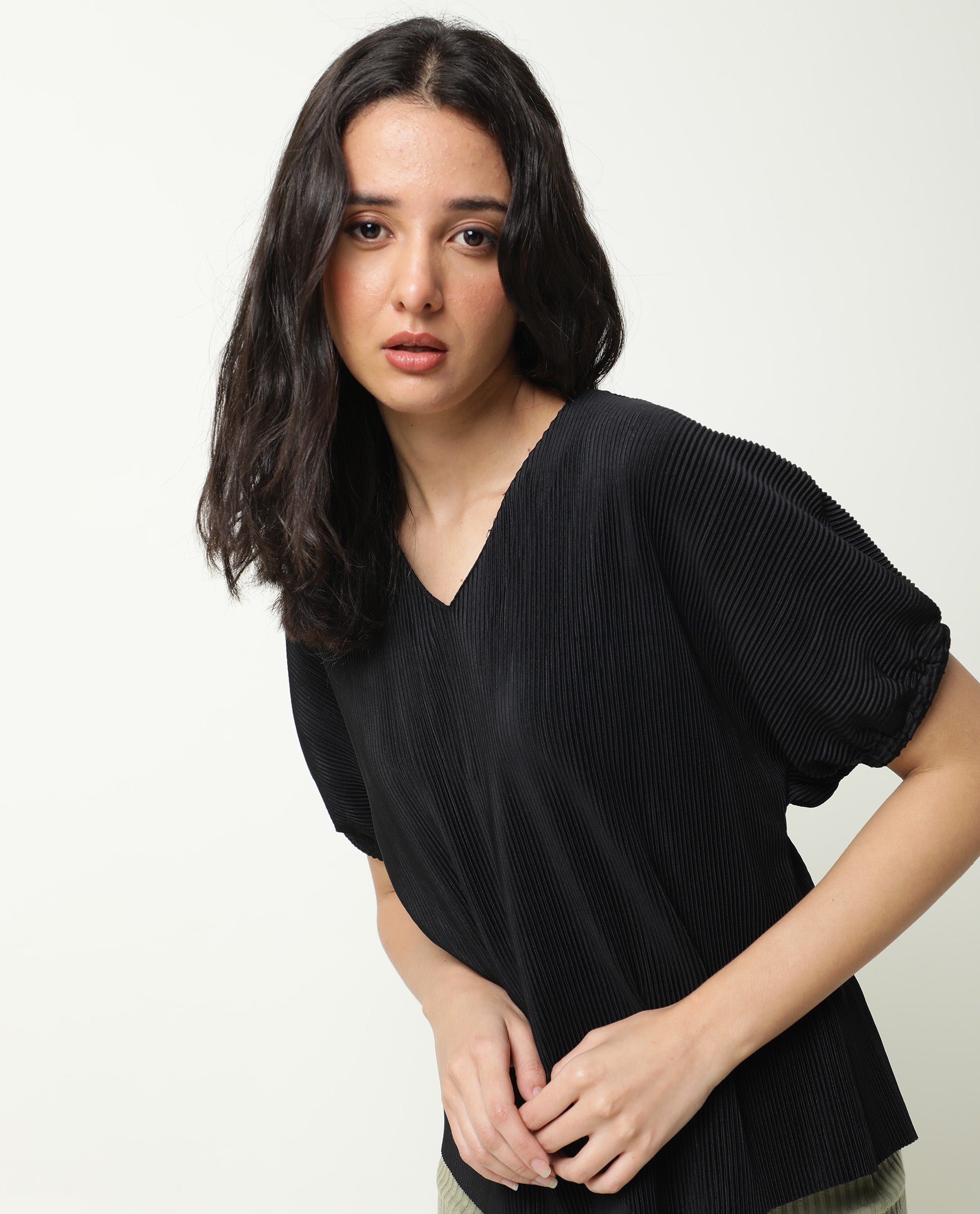 Rareism Womens Soho Black Top Polyester Fabric Regular Fit Extended Sleeves Round Neck