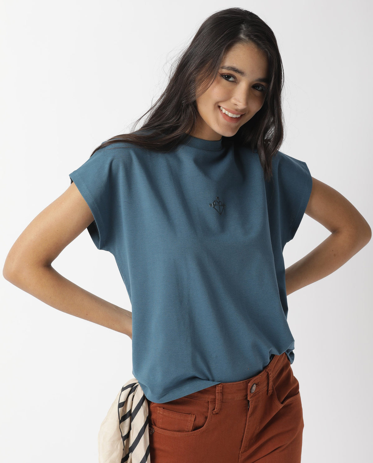 Rareism Womens Hola Petrol T-Shirt High Neck Polycotton Spandex Fabric