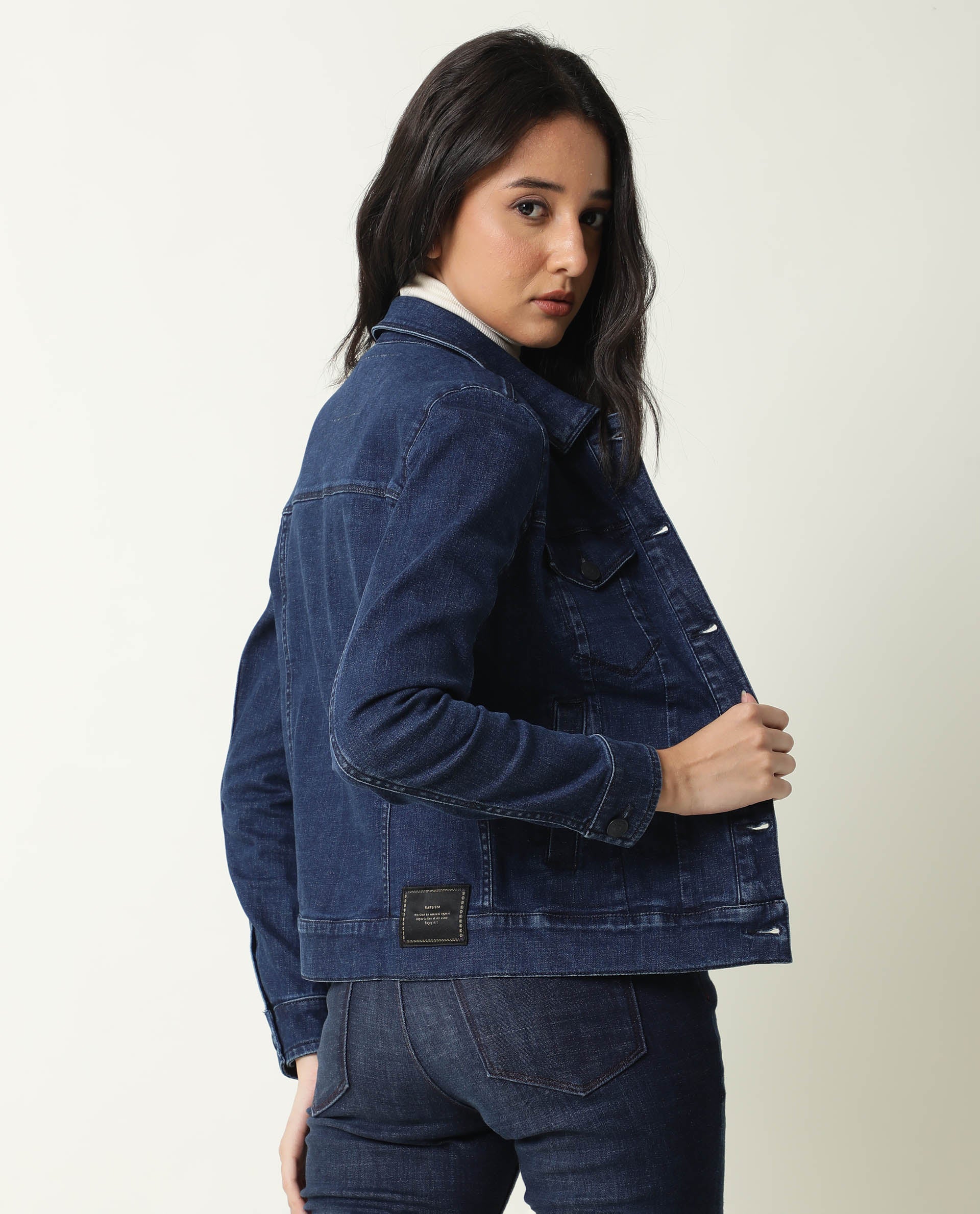 Rareism Women Misso Dark Blue Cotton Lycra Fabric Full Sleeves Solid Shirt Collar Jacket