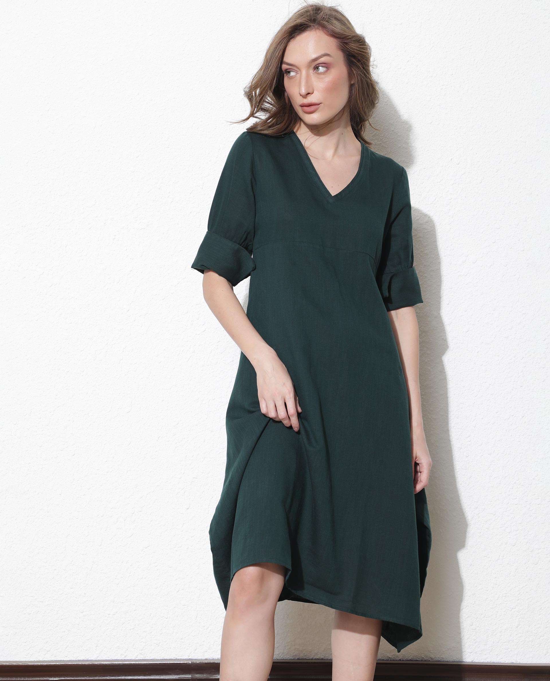 Rareism Women Cherry Green V Neck Tie-Up 3/4 Sleeves Symmetrical Knee Length Dress