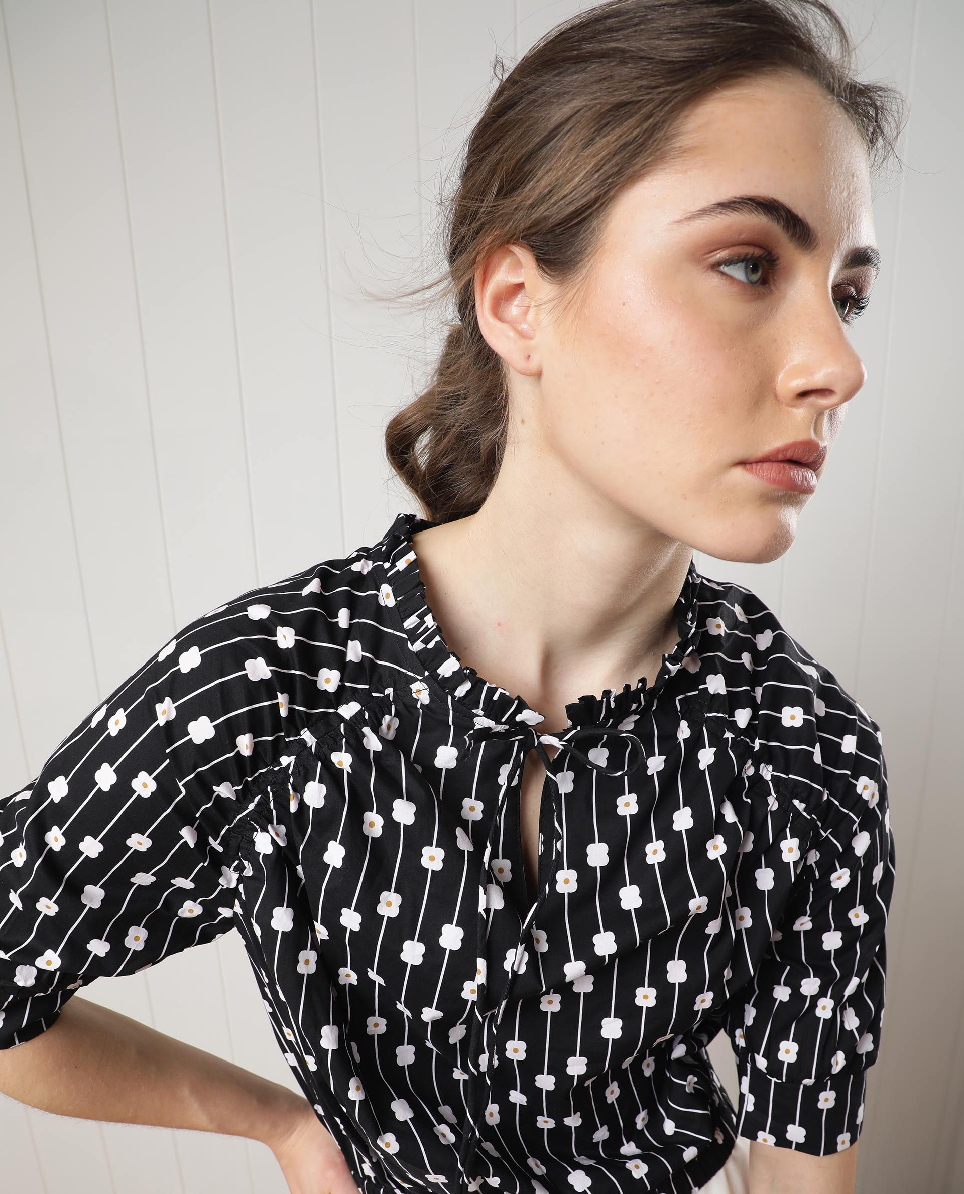 Rareism Women's Jack Black Cotton Tie-Up Neck Floral Print Volume Sleeve Relaxed Fit Top