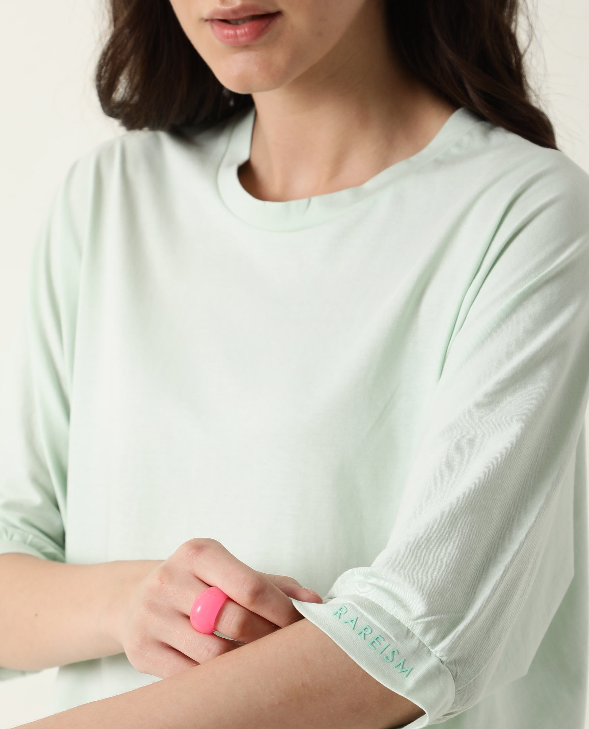 Rareism Womens Osmo Green Top Cotton Fabric Regular Fit Volume Sleeve Round Neck