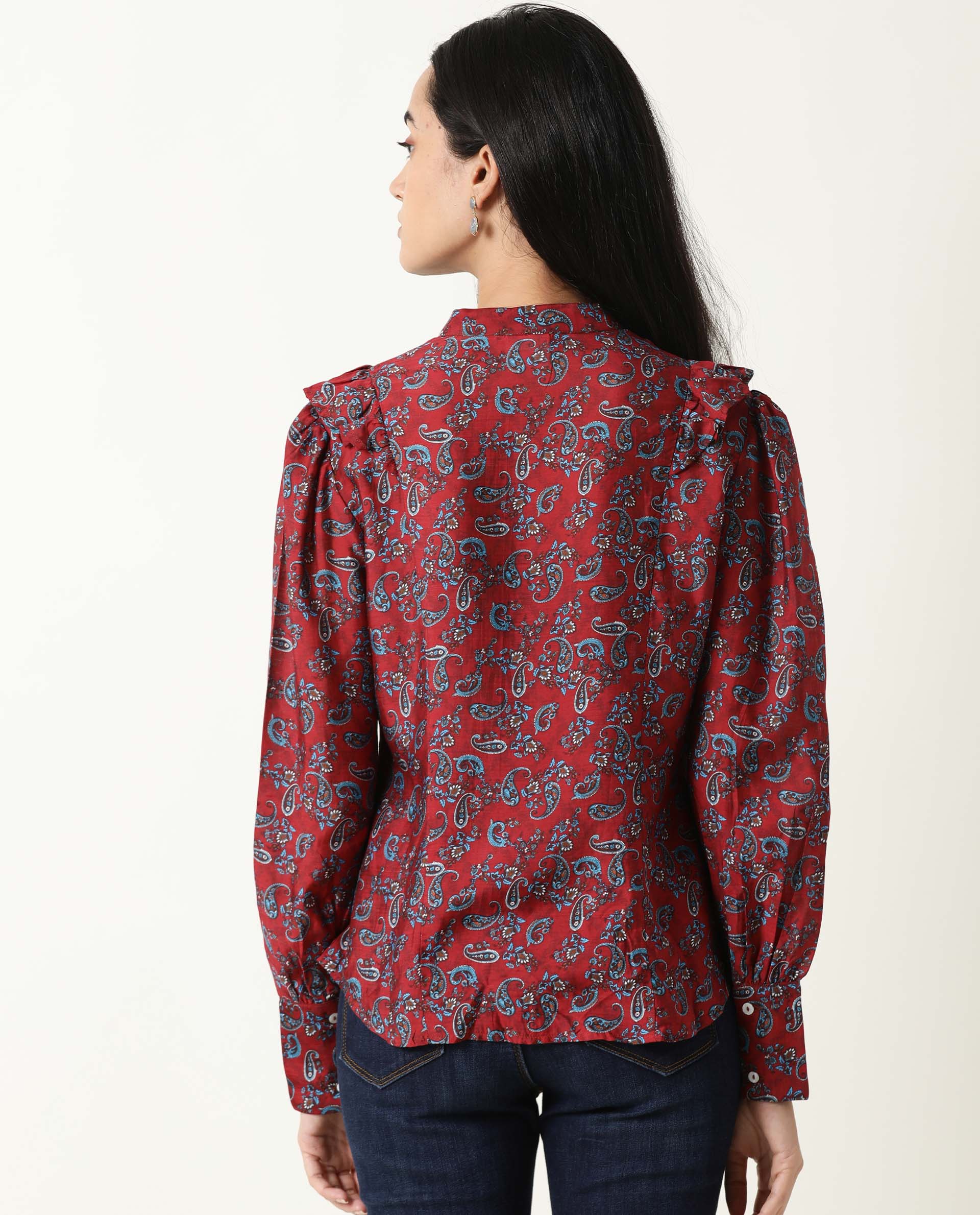 Rareism Women's Pumpkin Maroon Mandarin Collar Embroidered Regular Fit Top