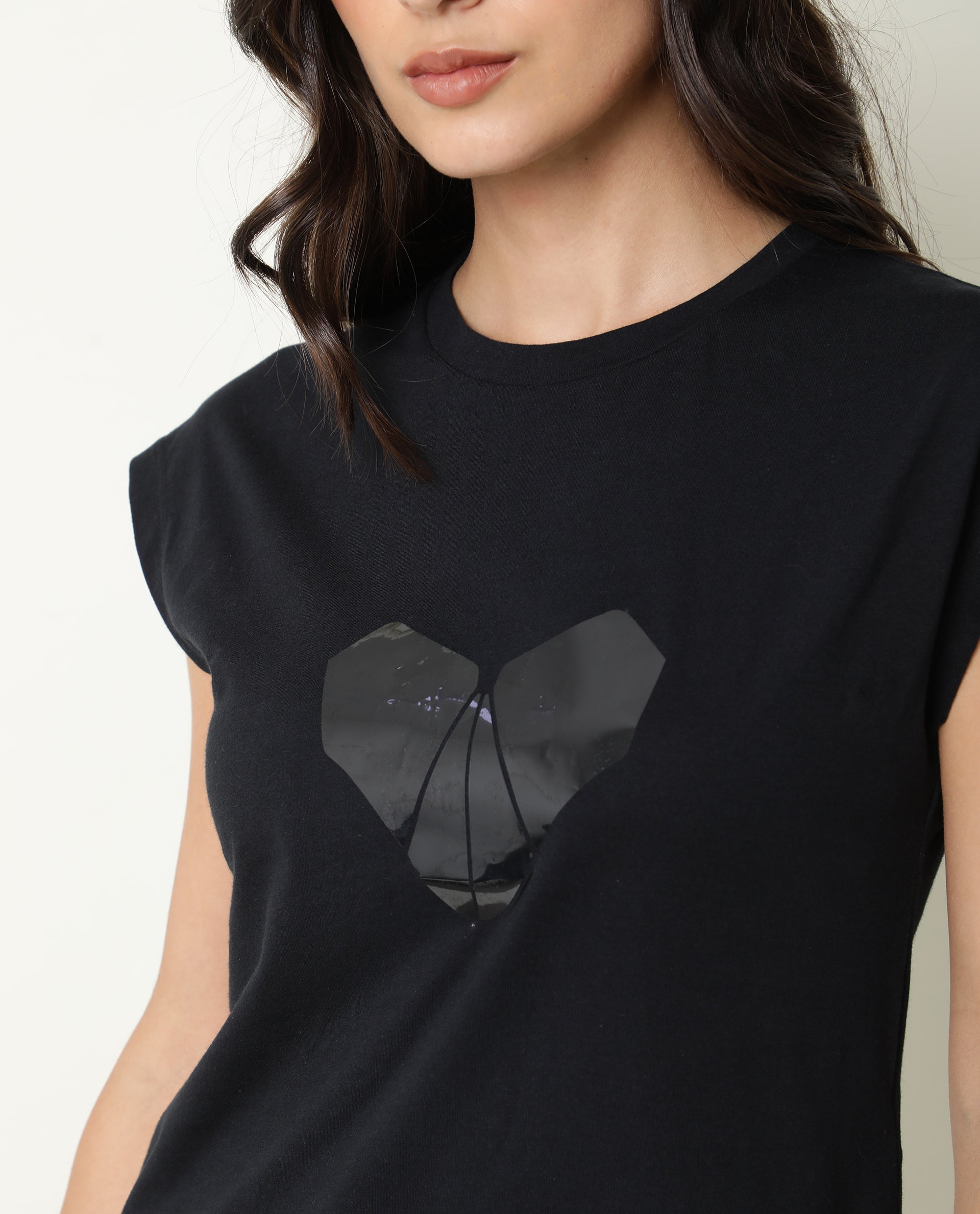 Rareism Womens Baga Black T-Shirt Cotton Fabric Crew Neck Short Sleeve