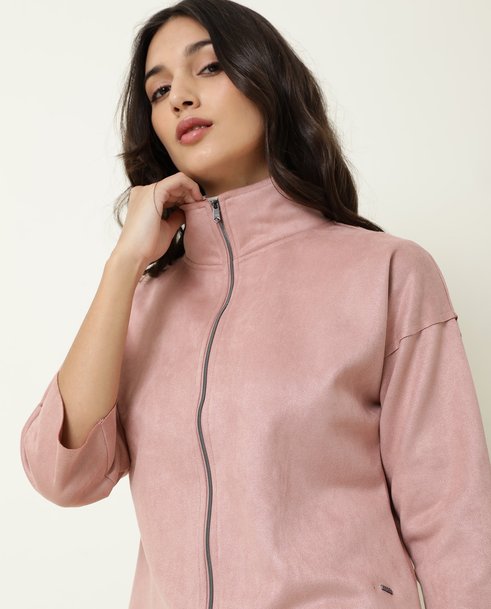 Rareism Women Vasu Dark Pink Polyester Fabric 3/4Th Sleeves Solid High Neck Jacket