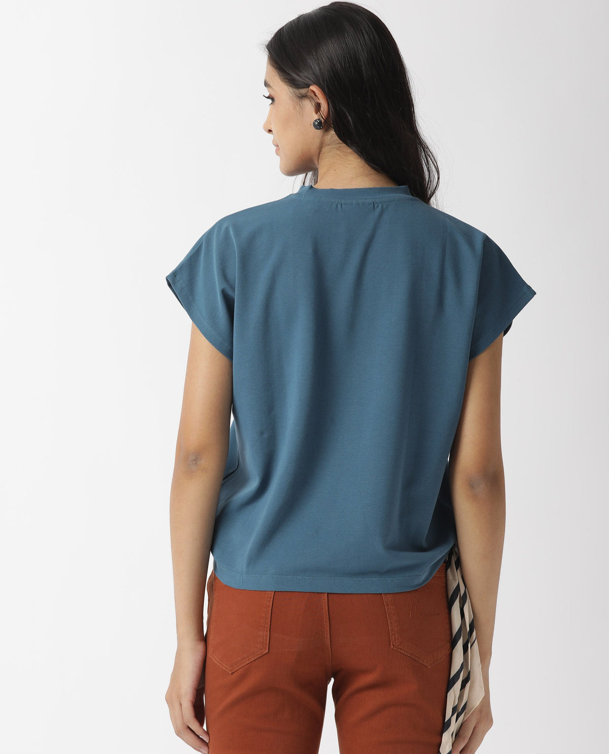 Rareism Womens Hola Petrol T-Shirt High Neck Polycotton Spandex Fabric