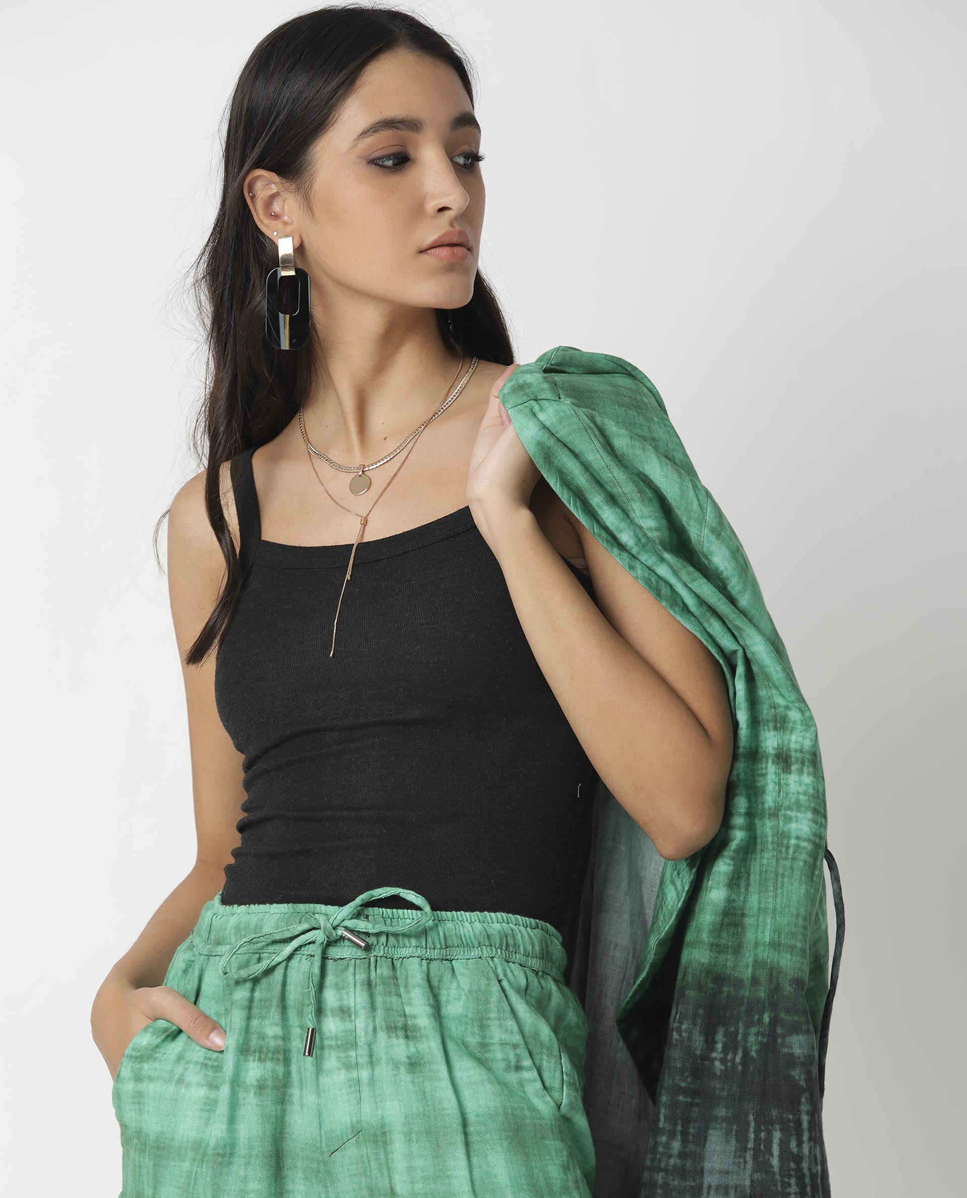 Rareism Women Boss Green Cotton Fabric Regular Fit Knee Length Abstract Print Collarless Outer Wear