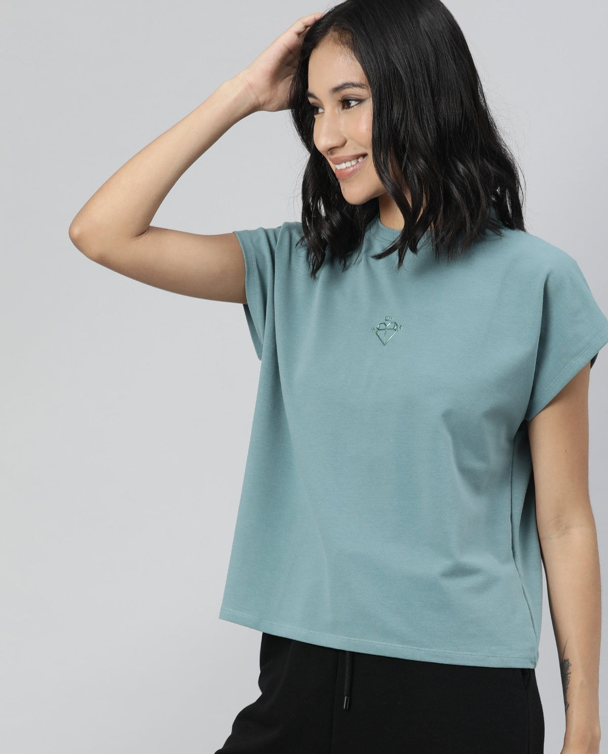 Rareism Womens Hola Green T-Shirt High Neck Polycotton Spandex Fabric