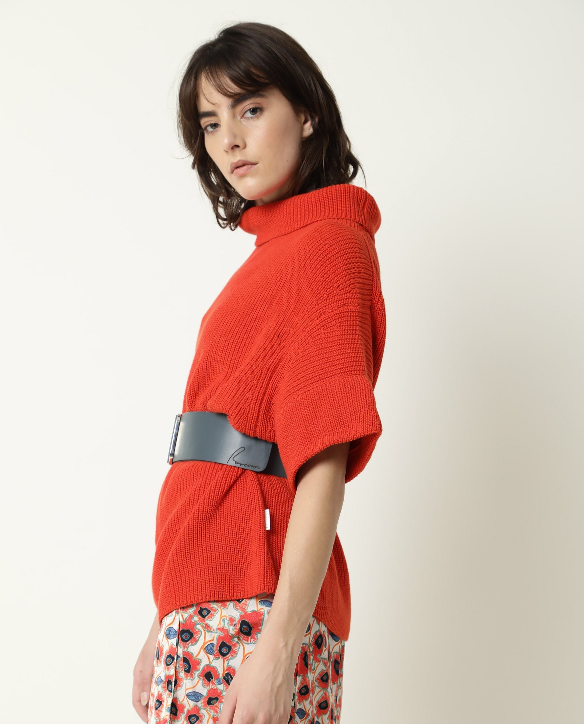 Rareism Women Daffy Orange Cotton Fabric Half Sleeves Relaxed Fit Solid Cowl Neck Sweater