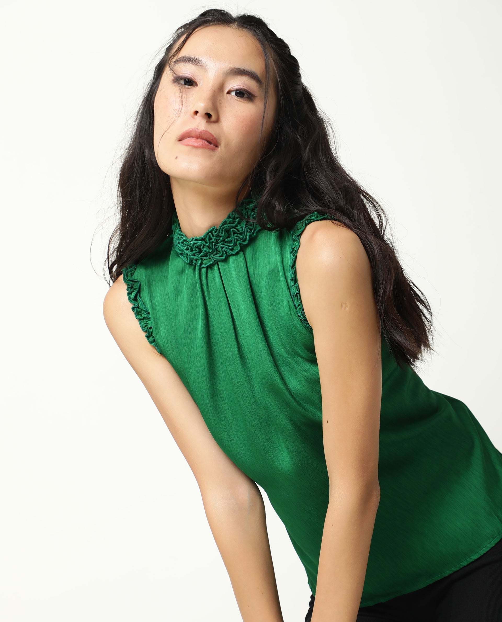 Rareism Womens Baileys Green Top Polyester Fabric  Sleeveless Ruffled Neck