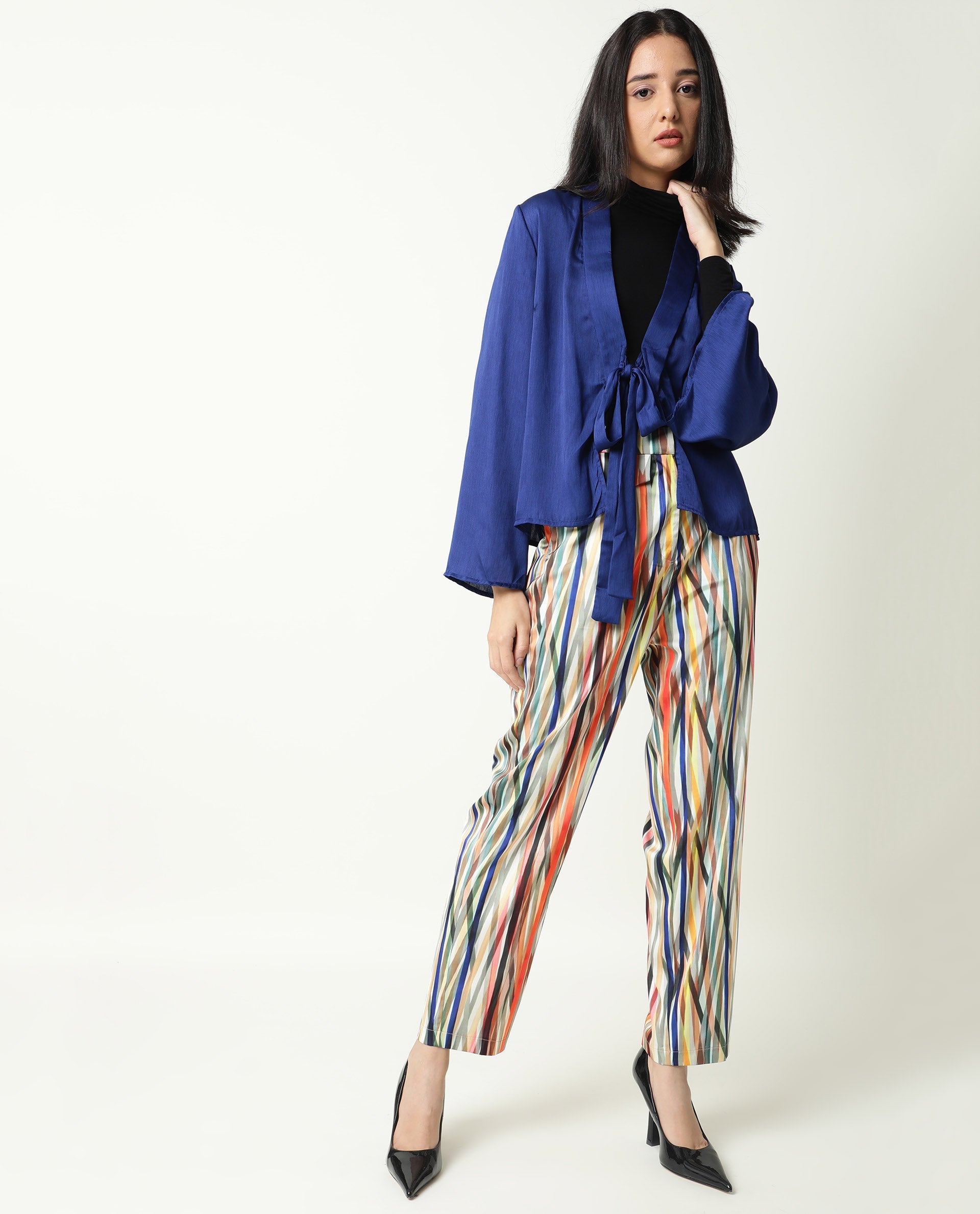 Rareism Women's Cuff Blue Polyester Shawl Neck Regular Fit Outer Wear