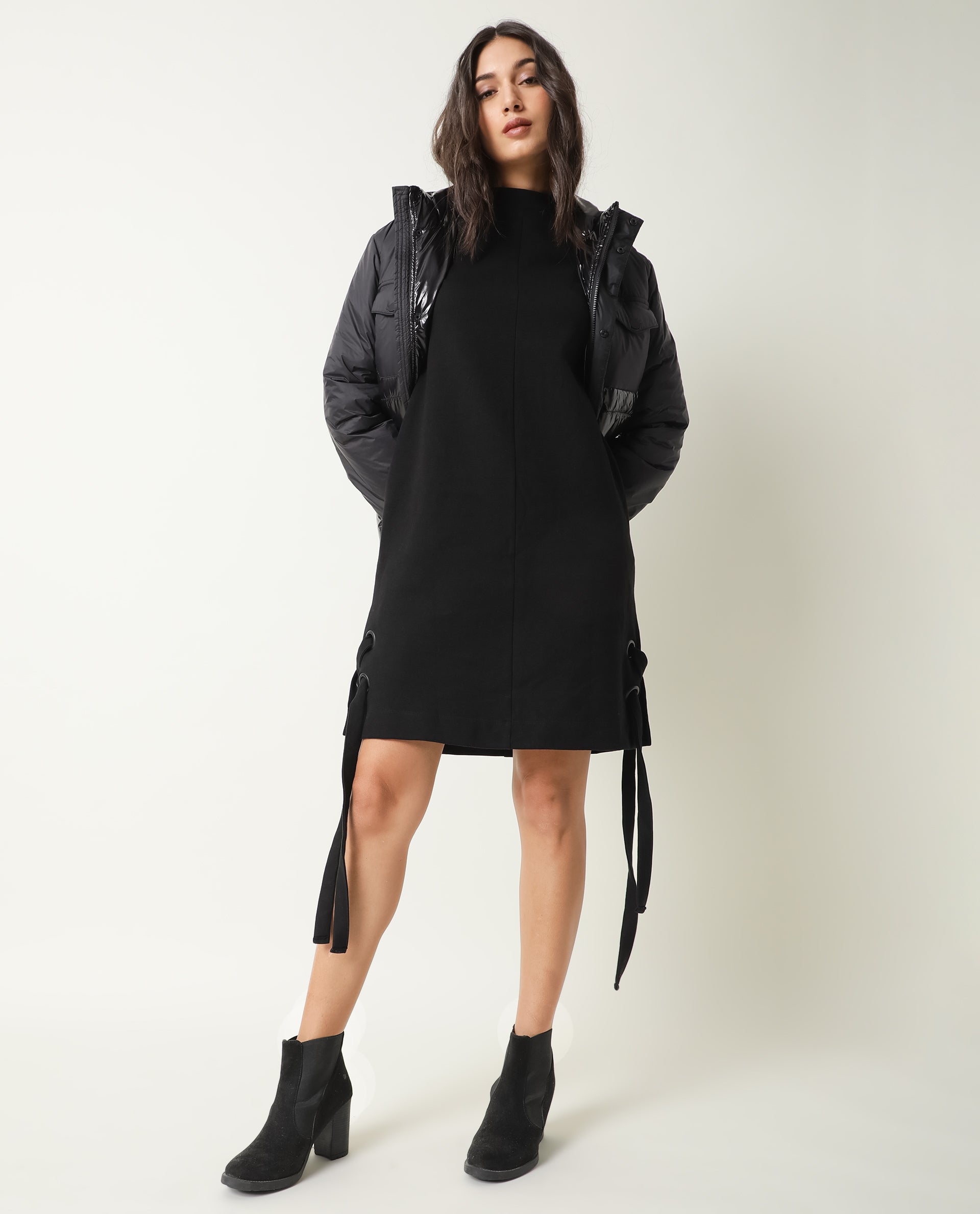 Rareism Womens Inari Black Dress Cotton Fabric Normal Fit Raglan Sleeves Round Neck