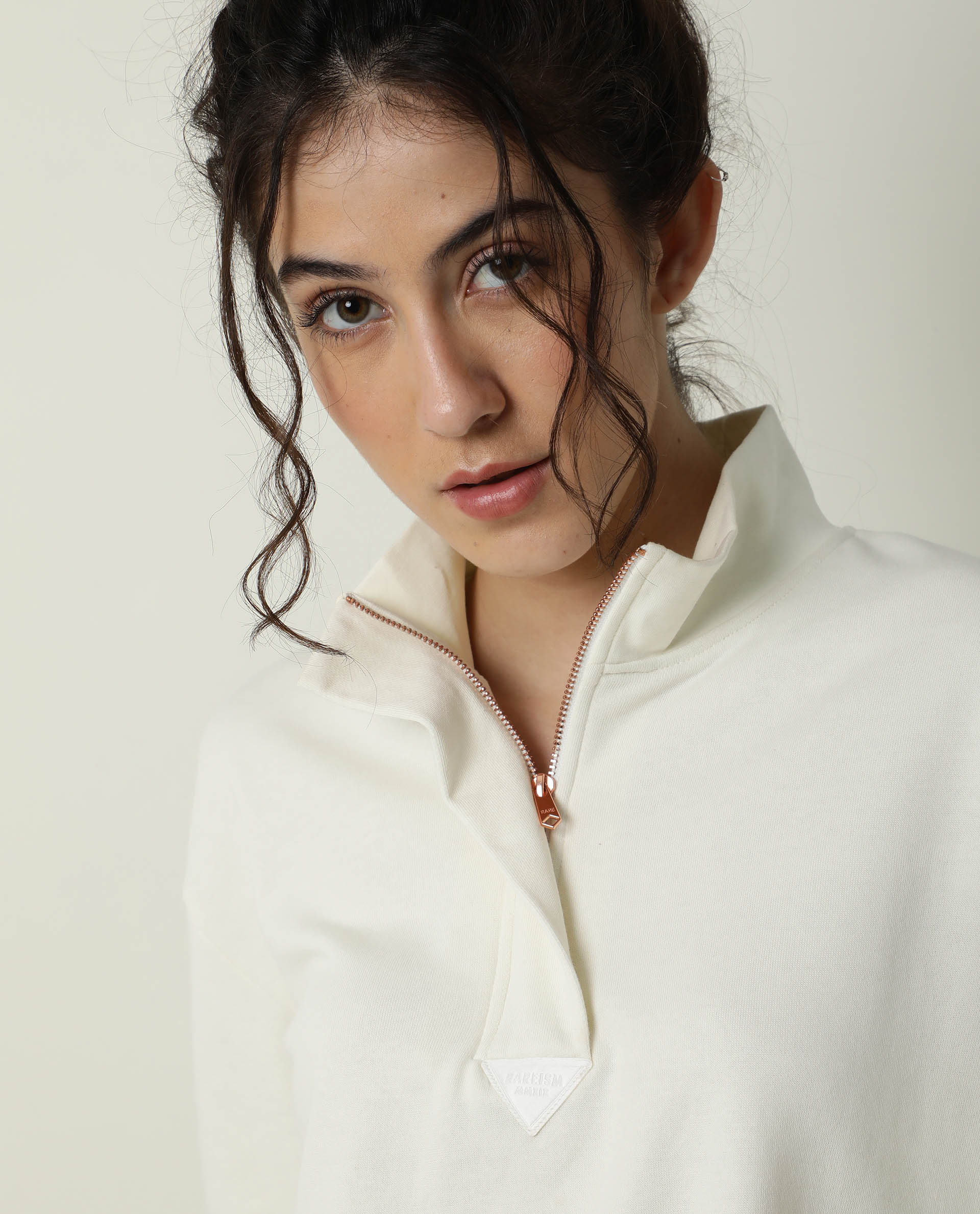 Rareism Women Taffy-1 Off White  Relaxed Fit Full Sleeves Solid High Neck Sweatshirt