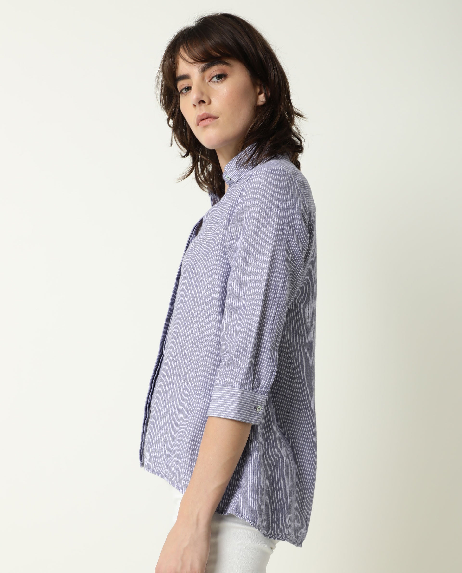 Rareism Womens Stellio Blue Top Cotton Linen Fabric  3/4 Sleeve Collared Neck