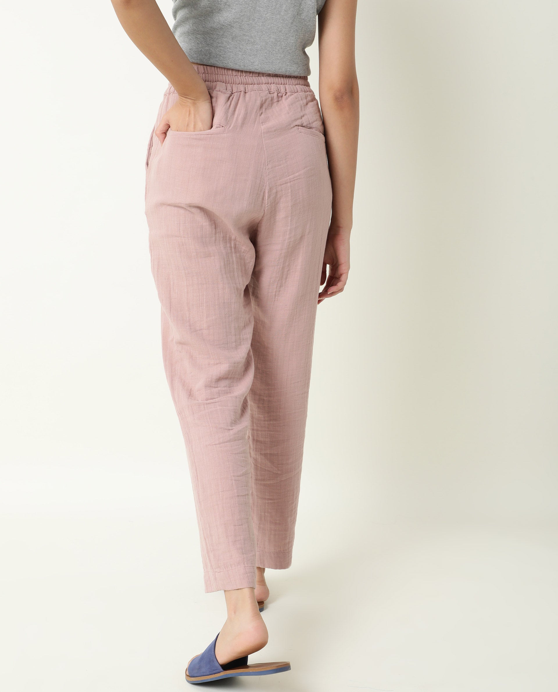 Rareism Women Elo Pink Cotton Fabric Regular Fit Mid Rise Solid Ankle Length Trousers
