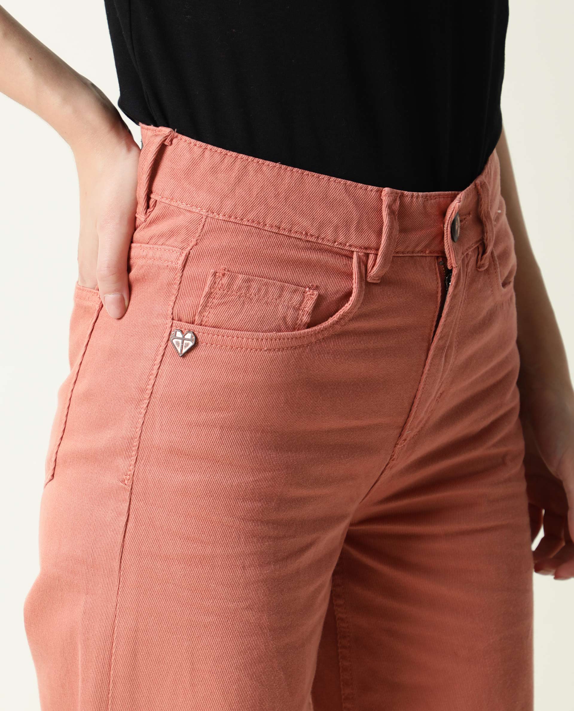 Rareism Women Ginno Light Peach Cotton Fabric Regular Fit Mid Rise Solid Ankle Length Trousers