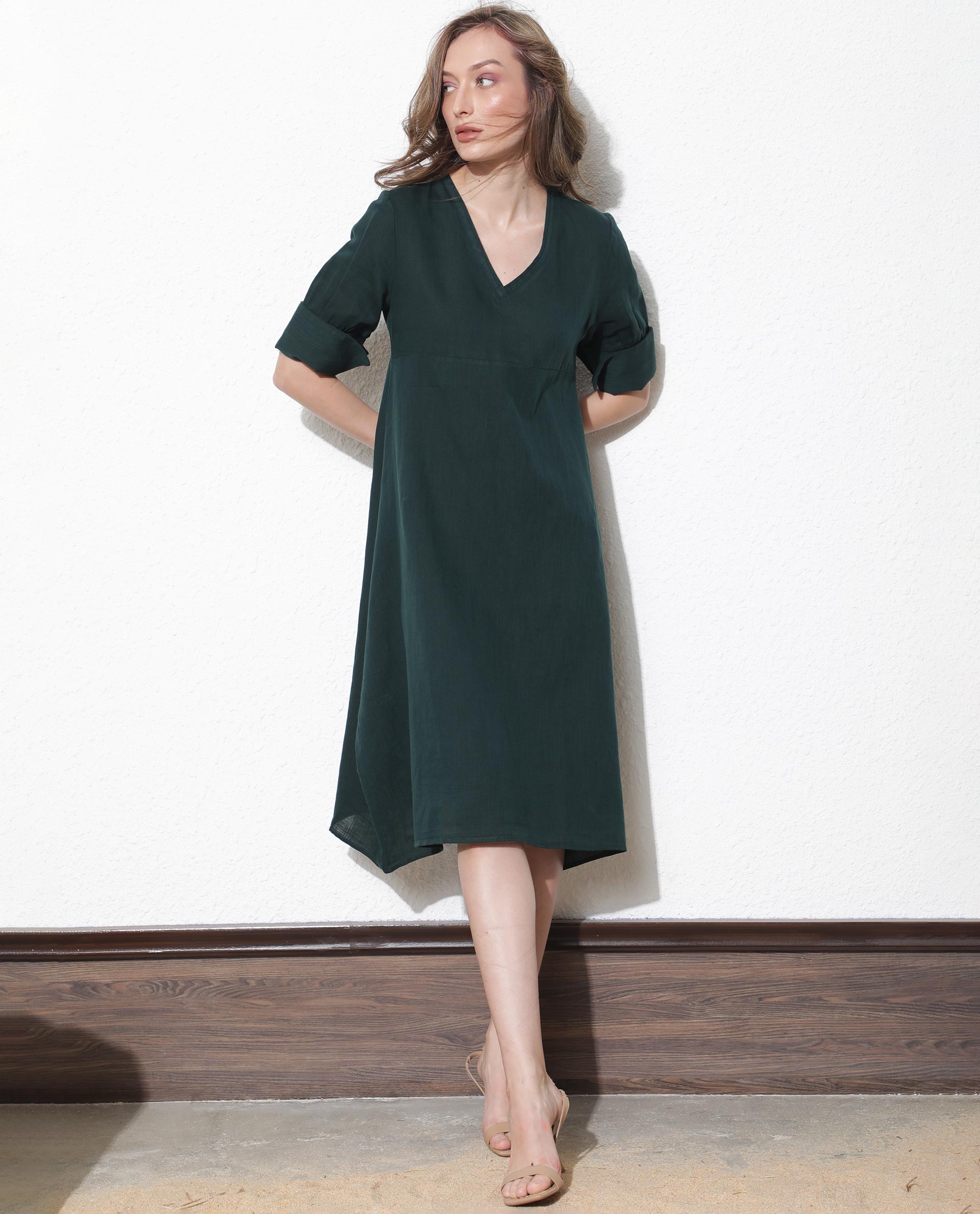 Rareism Women Cherry Green V Neck Tie-Up 3/4 Sleeves Symmetrical Knee Length Dress