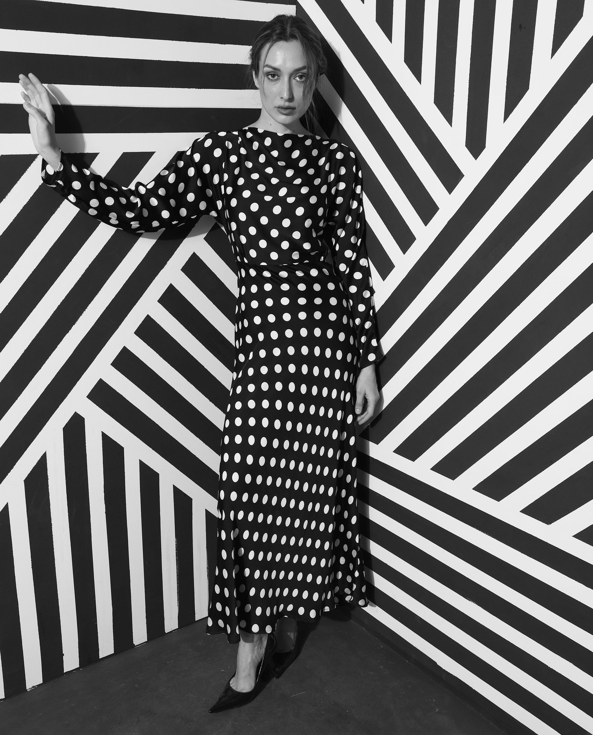 Rareism Women Alsus Black Polka Print Boat Neck Full Sleeves Maxi Dress