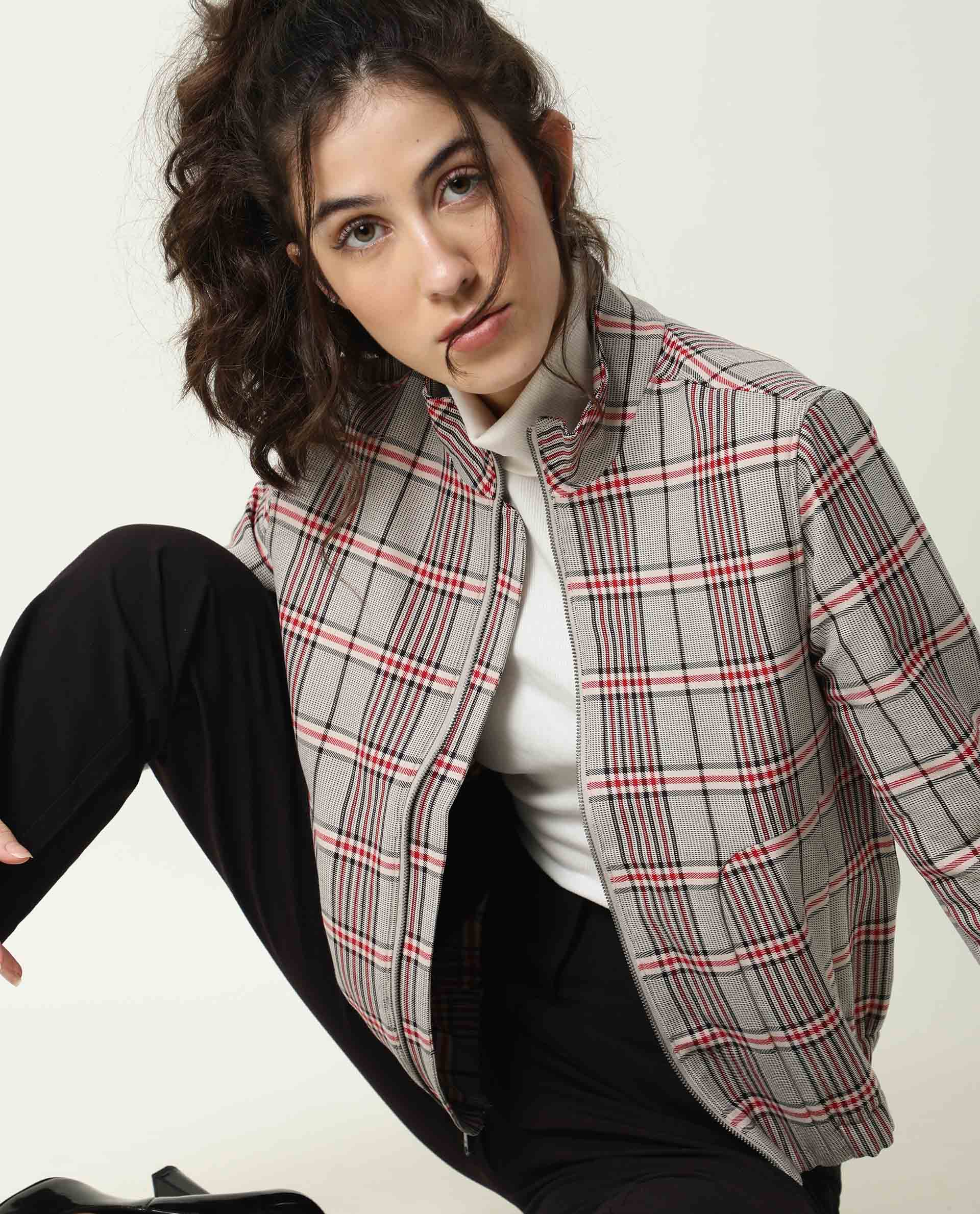Rareism Women Homer Offwhite Jacket Full Sleeves Checks