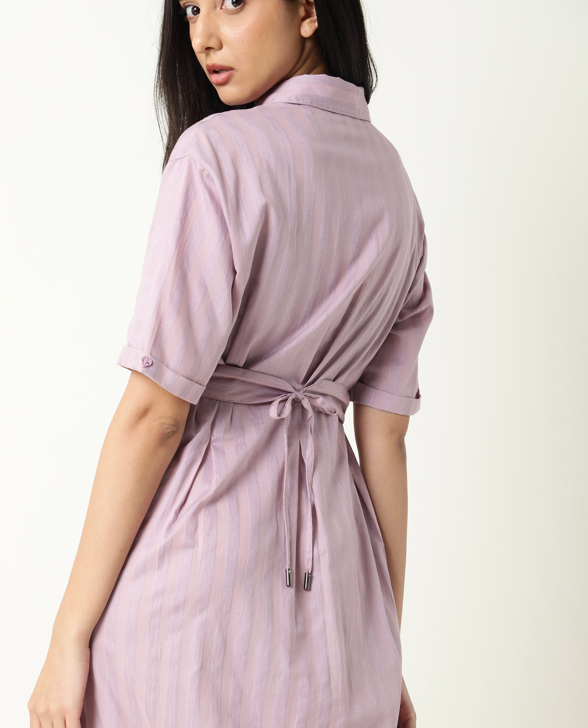 Rareism Women Paris Pink Shirt Collar Short Sleeves Front Full Button Closure Placket Fabric Tie Up Belt Pocket Midi Dress