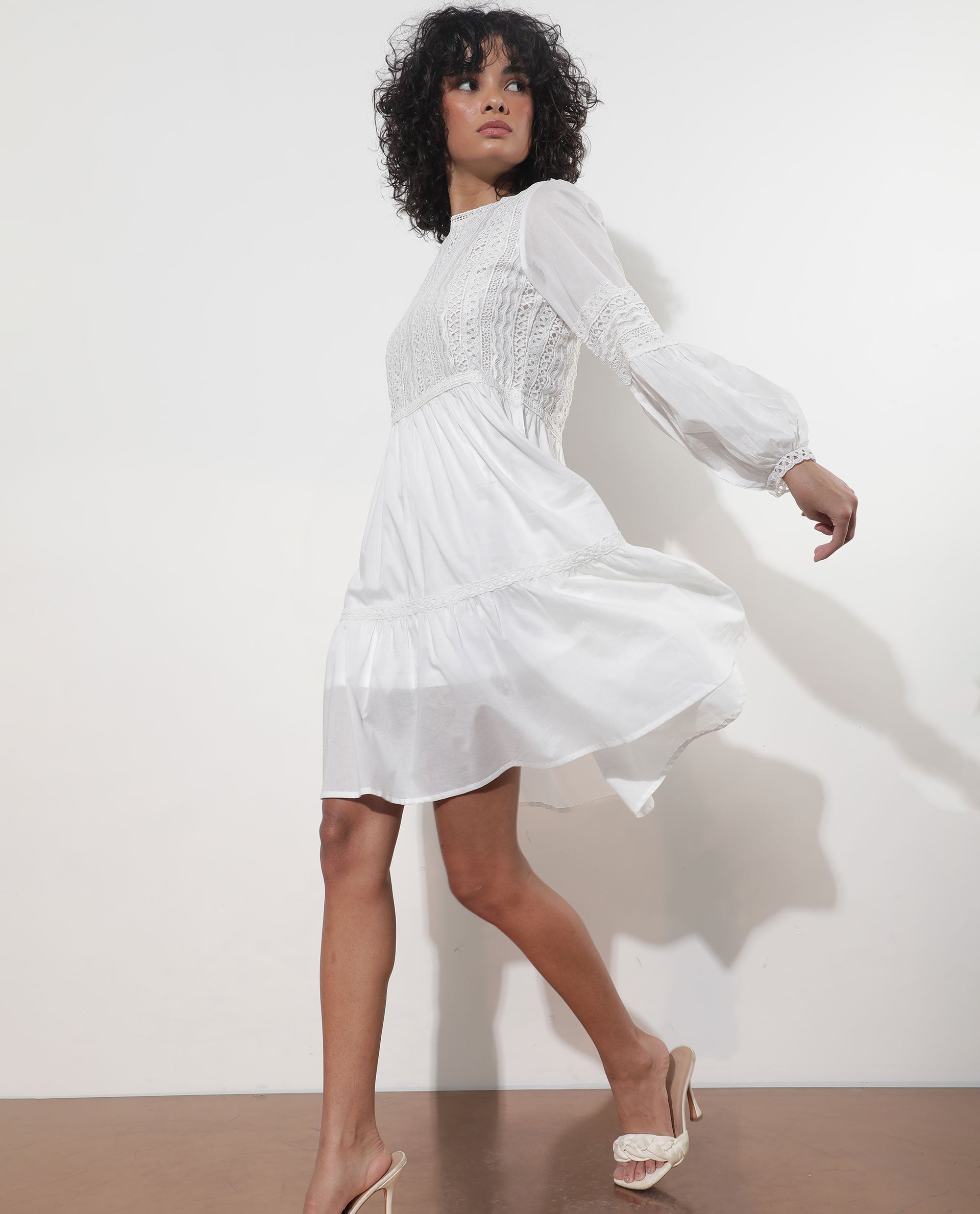 Rareism Women's Darmini White Cotton Crew Neck Plain Puff Sleeves Knee Length Relaxed Fit Dress