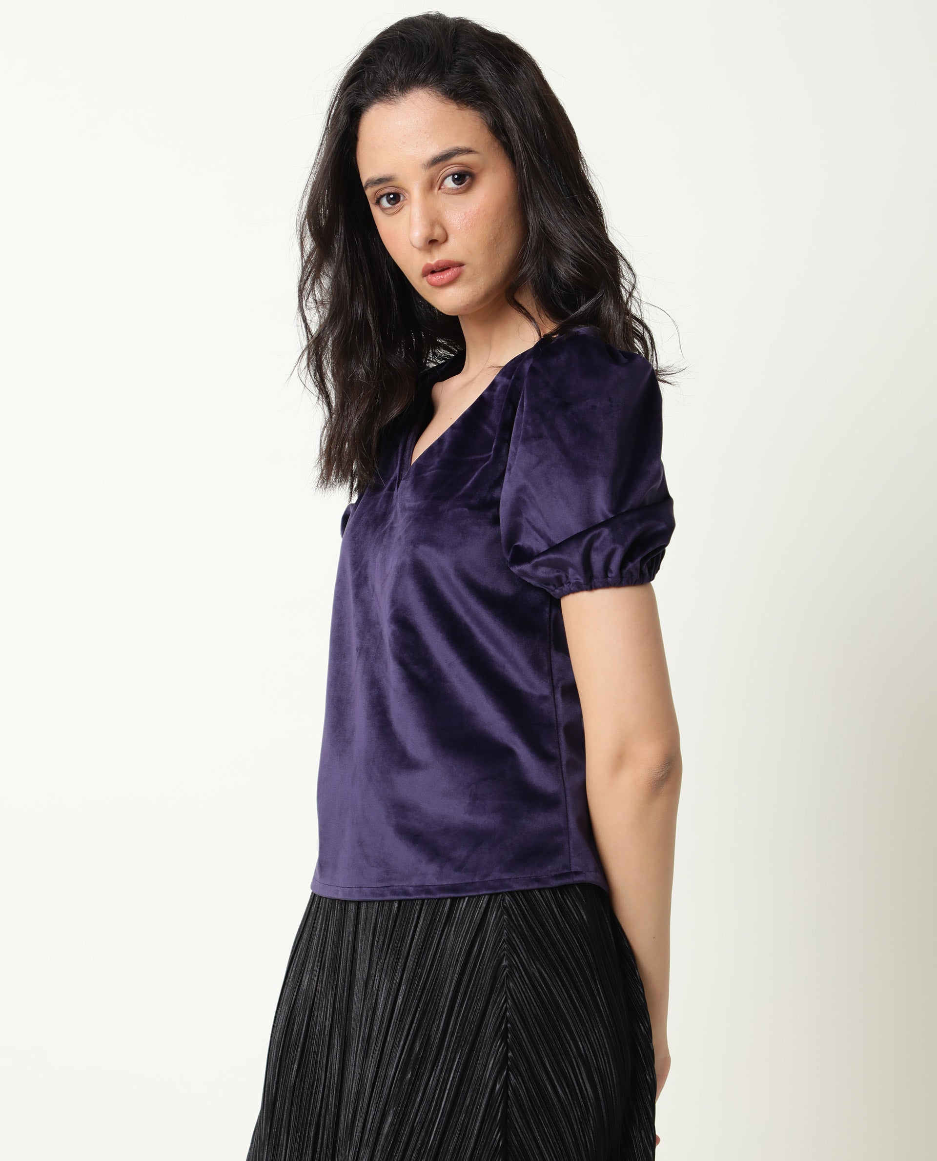 Rareism Womens Mun Navy Top Suede Fabric  Half Sleeve V Neck
